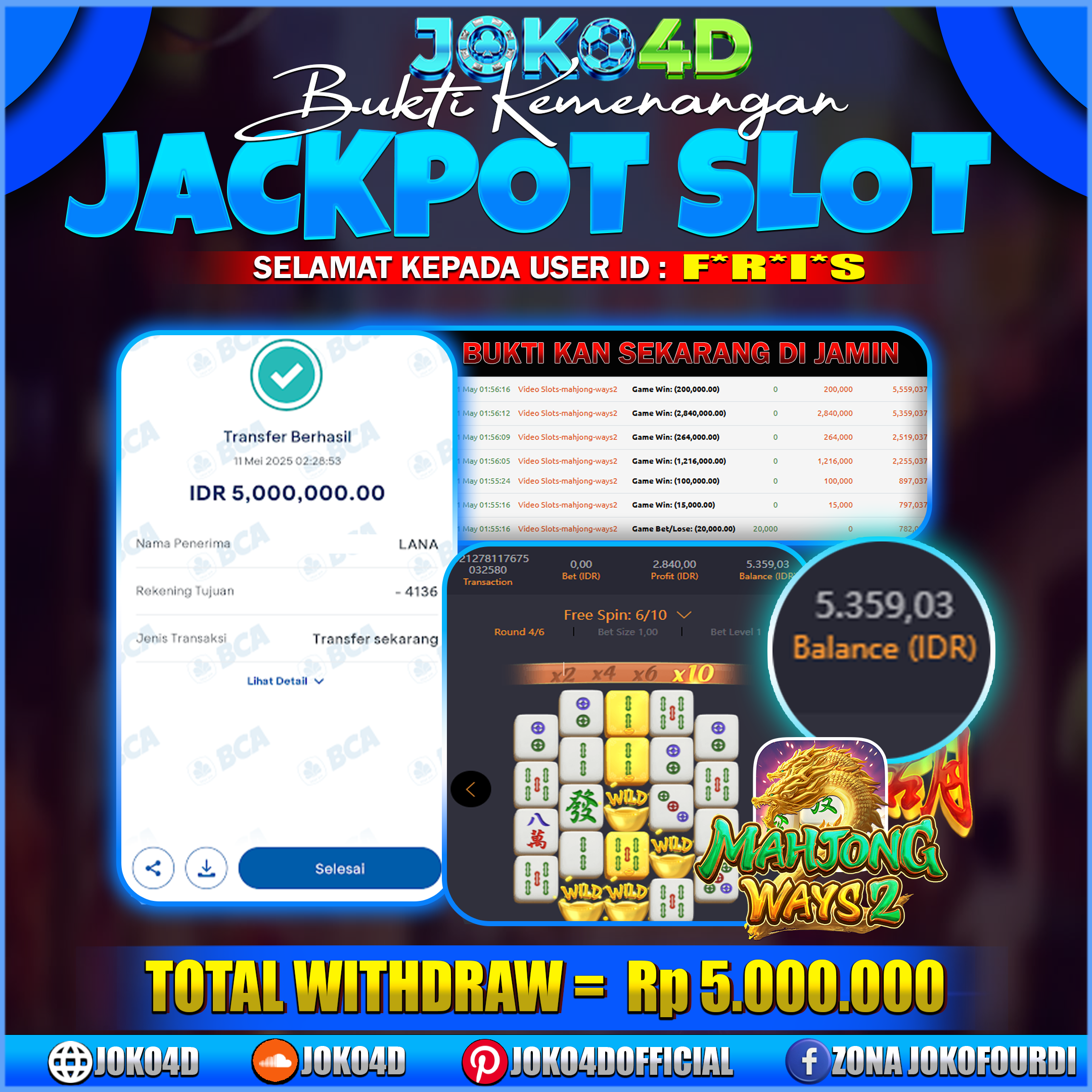 BUKTI JACKPOT SLOT GACOR JOKO4D MAHJONG SEDANG PANAS PANAS NYA COMBO CUAN ASLI 11 MEI 2025