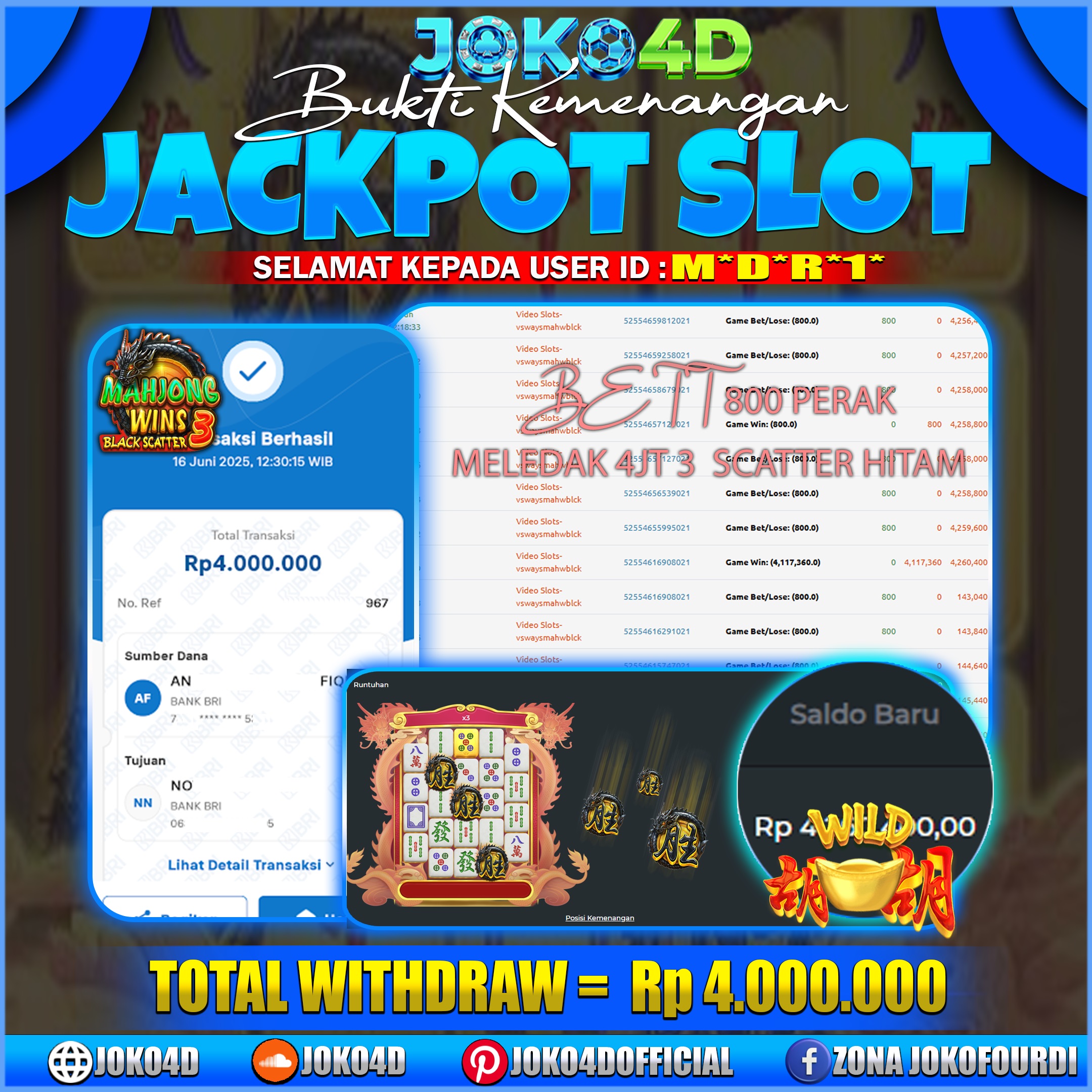 BUKTI KEMENANGAN SLOT GACOR JOKO4D MAHJONG SCATTER HITAM PASTI TURUN DONG 16 JUNI 2025