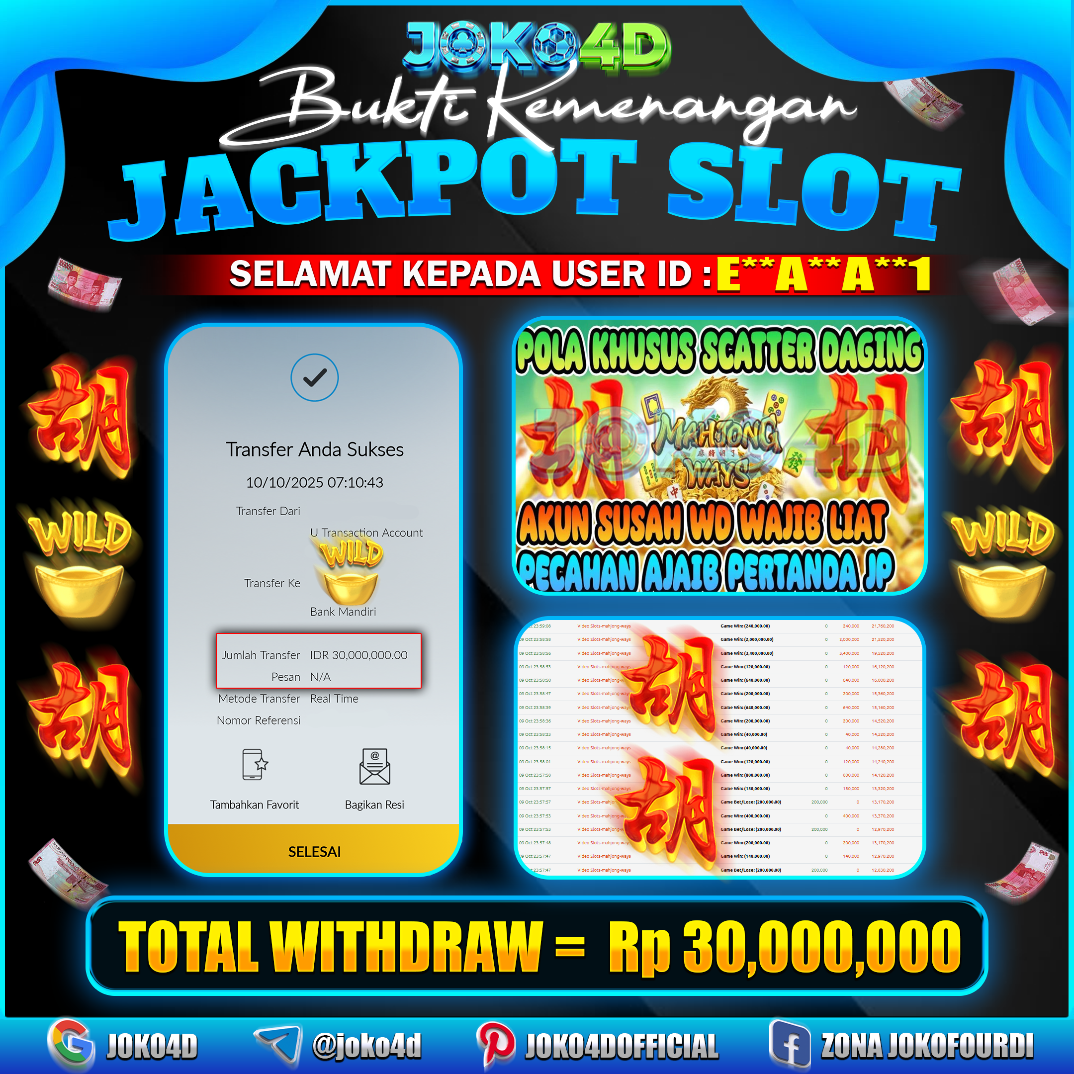 BUKTI KEMENANGAN SLOT GACOR JOKO4D MAHJONG WAYS  BANJIR SCATTER BRAYY  10 OKTOBER 2025