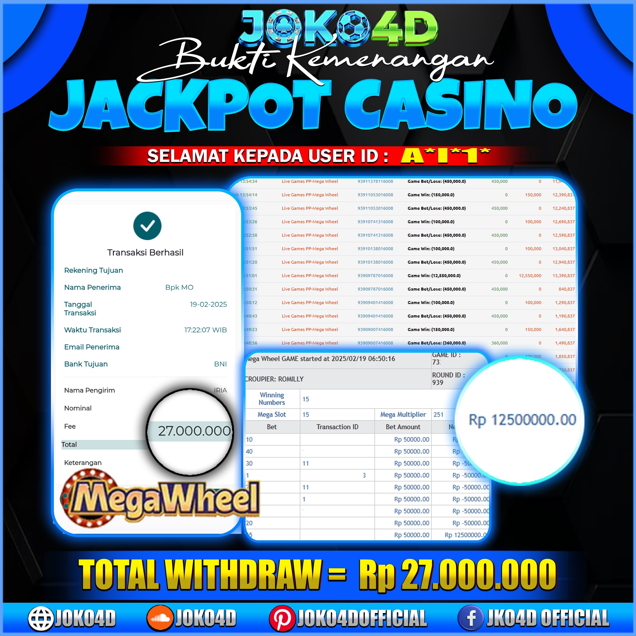 BUKTI KEMENANGAN CASINO GACOR JOKO4D MEGA WHEEL BUKAN BUKTI KATA TAPI BUKTI NYATA 19 FEBRUARI 2025