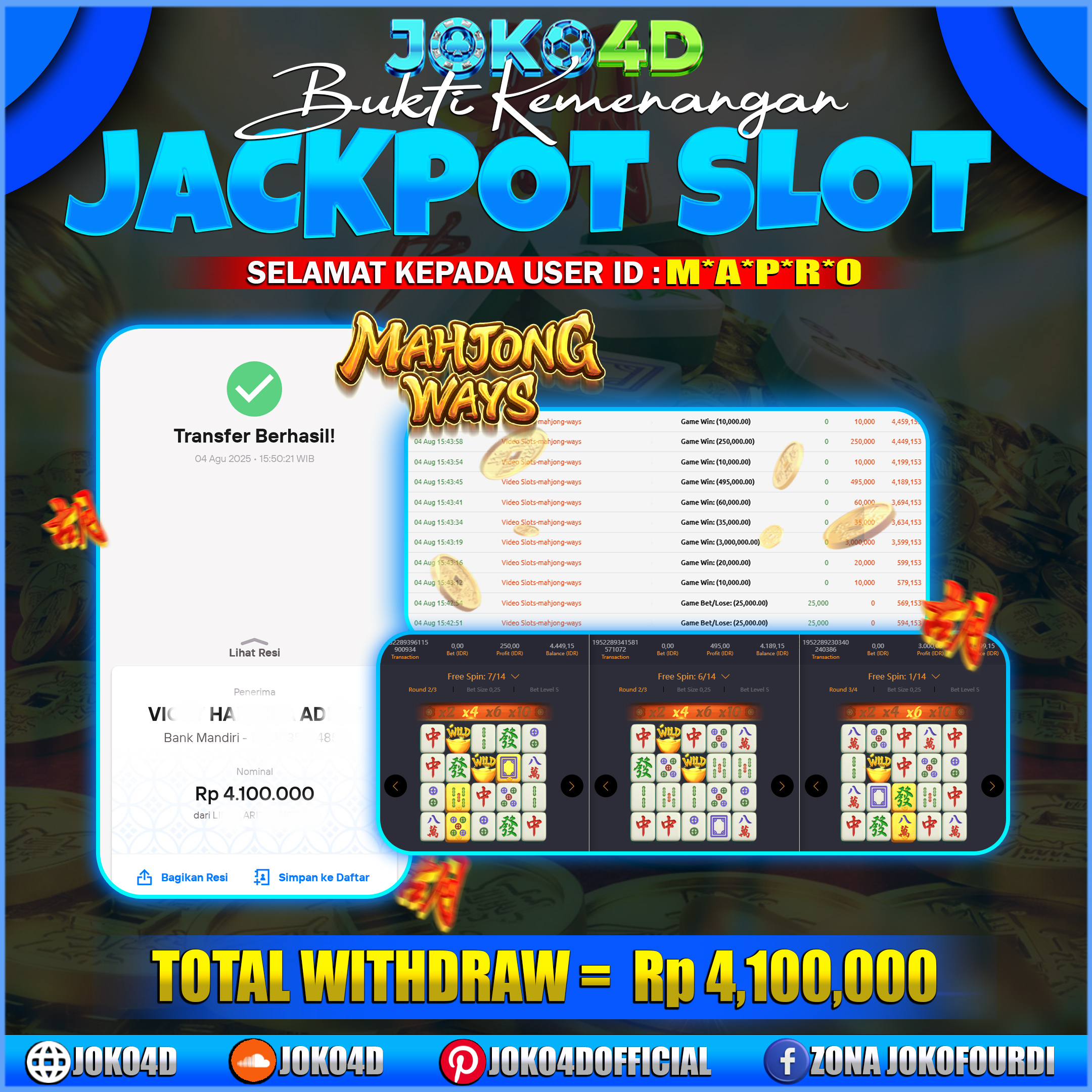 BUKTI KEMENANGAN SLOT GACOR JOKO4D COMBO MAHJONG WAYS ANTI RUNGKAD DISINI BRAYY  04 AGUSTUS 2025