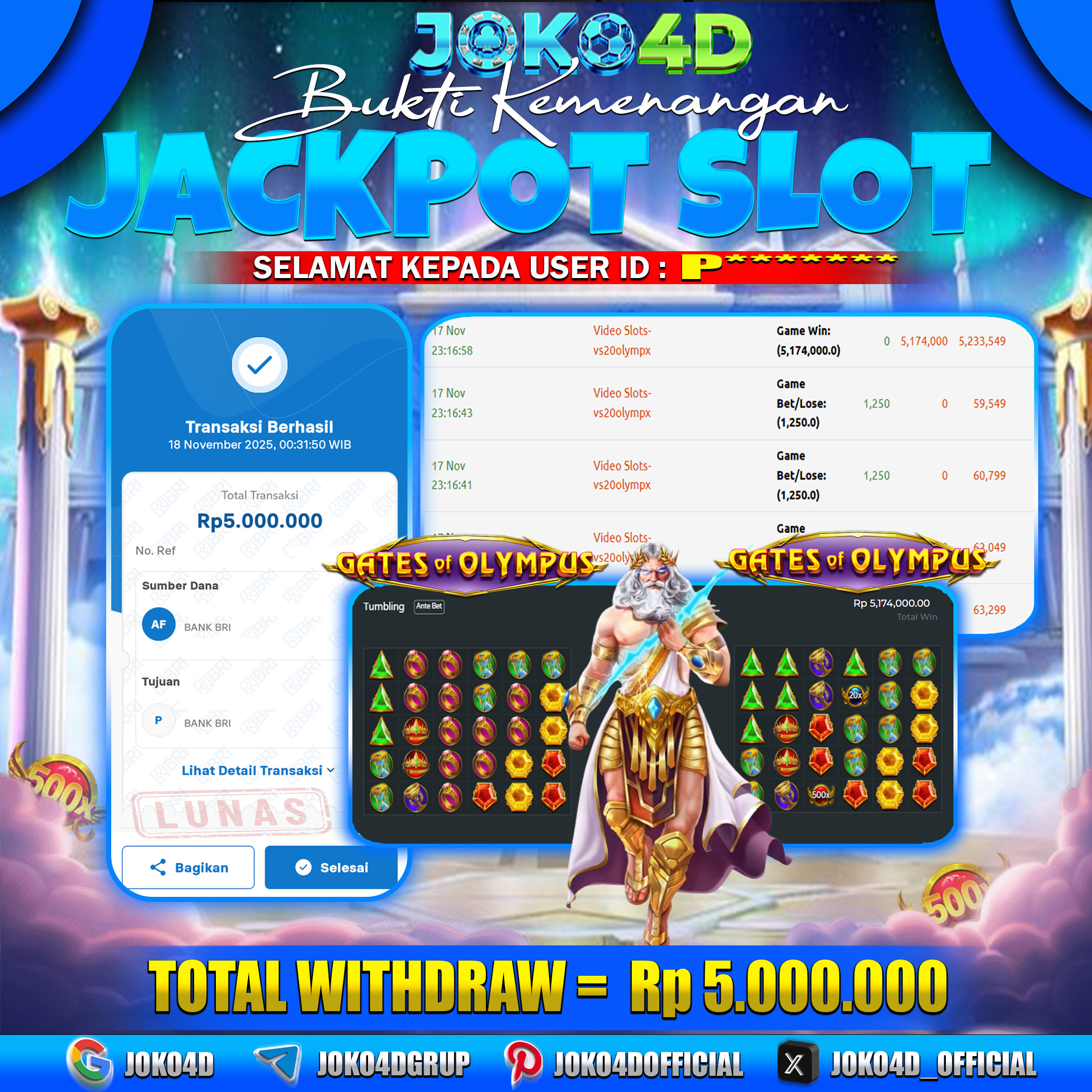 BUKTI KEMENANGAN SLOT GACOR JOKO4D GATES OF OLYMPUS 1000 TIDAK ADA AMPUN CUAN TERUS  18 NOVEMBER 2025