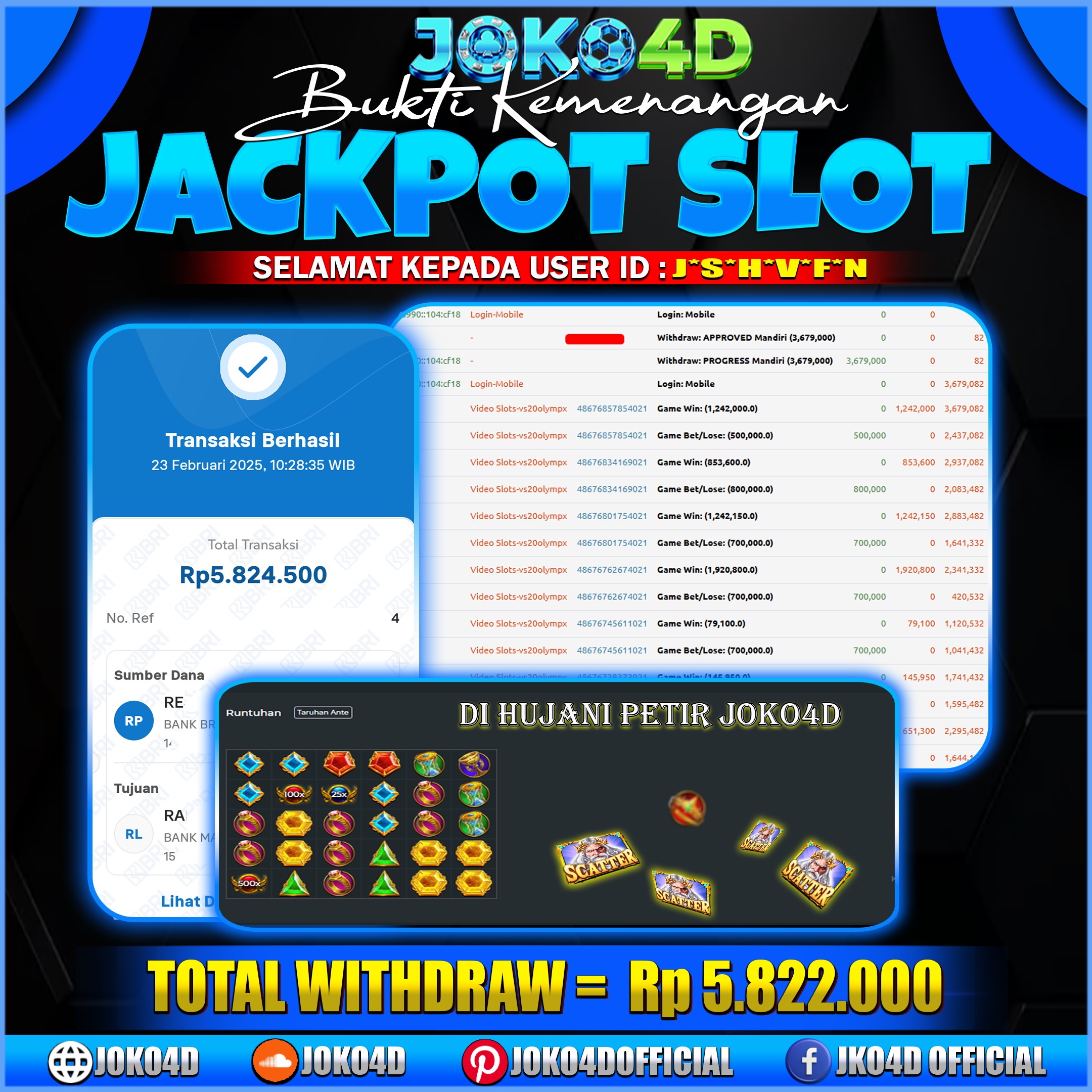 BUKTI KEMENANGAN SLOT GACOR JOKO4D SANGAT GACOR GATES OF OLYMPUS 1000 SITUS ANTI RUNGKAD 23 FEBRUARI 2025