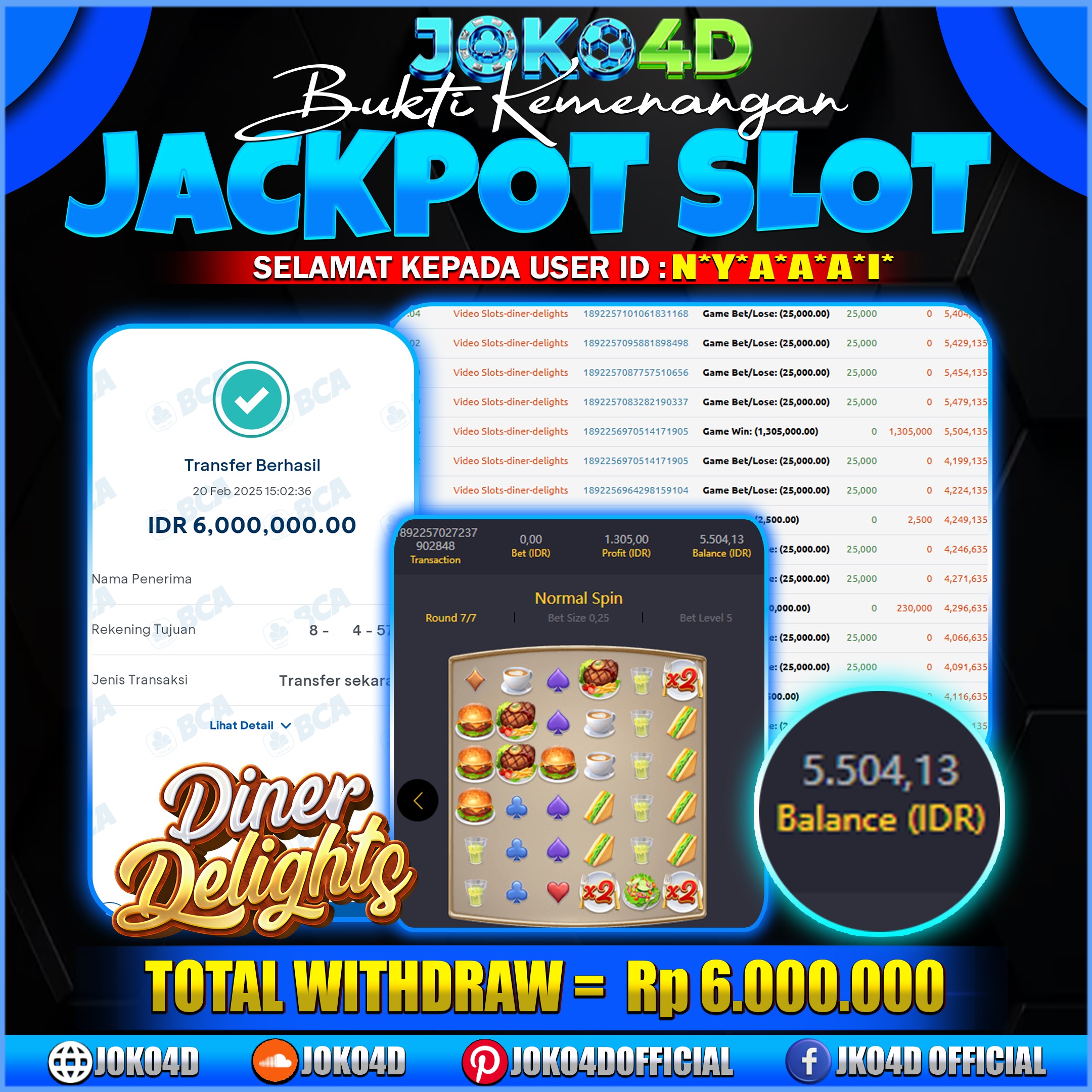 BUKTI KEMENANGAN SLOT GACOR JOKO4D DINER DELIGHTS MAIN PASTI WD LA BRAY 20 FEBRUARI 2025