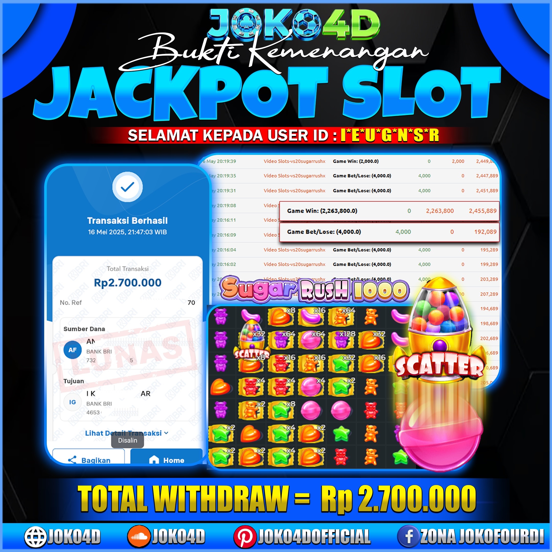 BUKTI KEMENANGAN SLOT GACOR JOKO4D COMBO SUGAR RUSH ANTI RUNGKAD DISINI BRAYY 16 MEI 2025