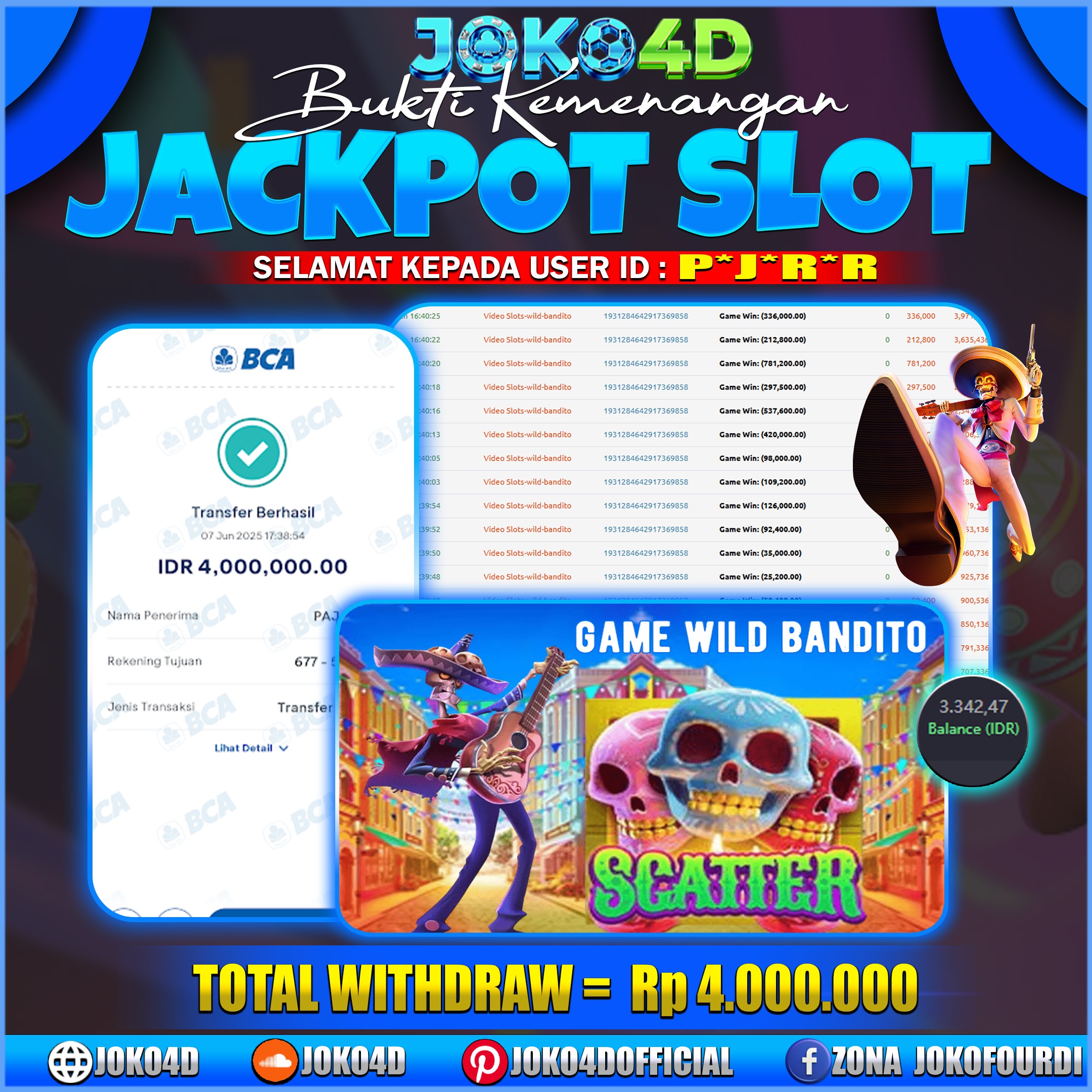 BUKTI JACKPOT SLOT GACOR JOKO4D WILD BANDITO MENANG LANGUNG LUNAS BRAY 07 JUNI 2025