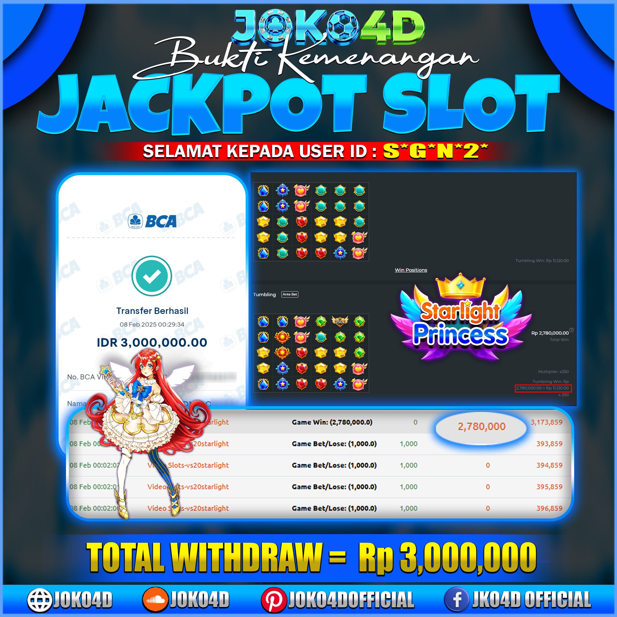 BUKTI  JACKPOT SLOT GACOR JOKO4D STARLIGHT CUAN BERI KEMENANGAN BESAR 08 FEBRUARI 2025