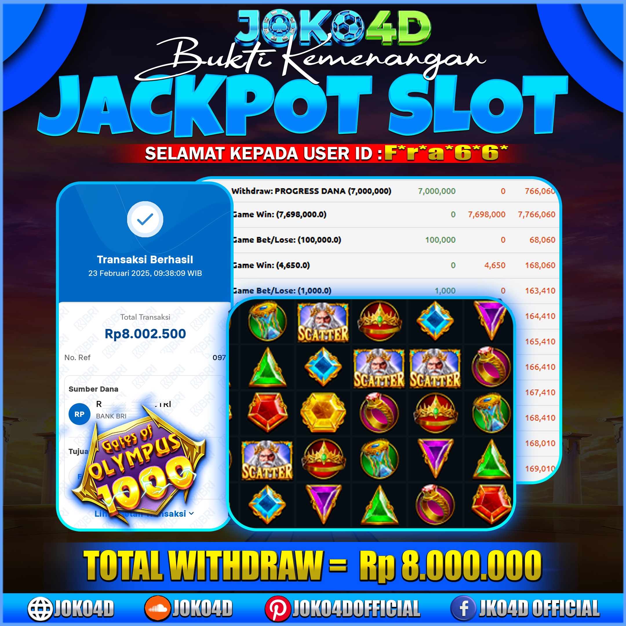 BUKTI KEMENANGAN SLOT GACOR JOKO4D SANGAT GACOR GATES OF OLYMPUS 1000  23 1FEBRUARI 2025