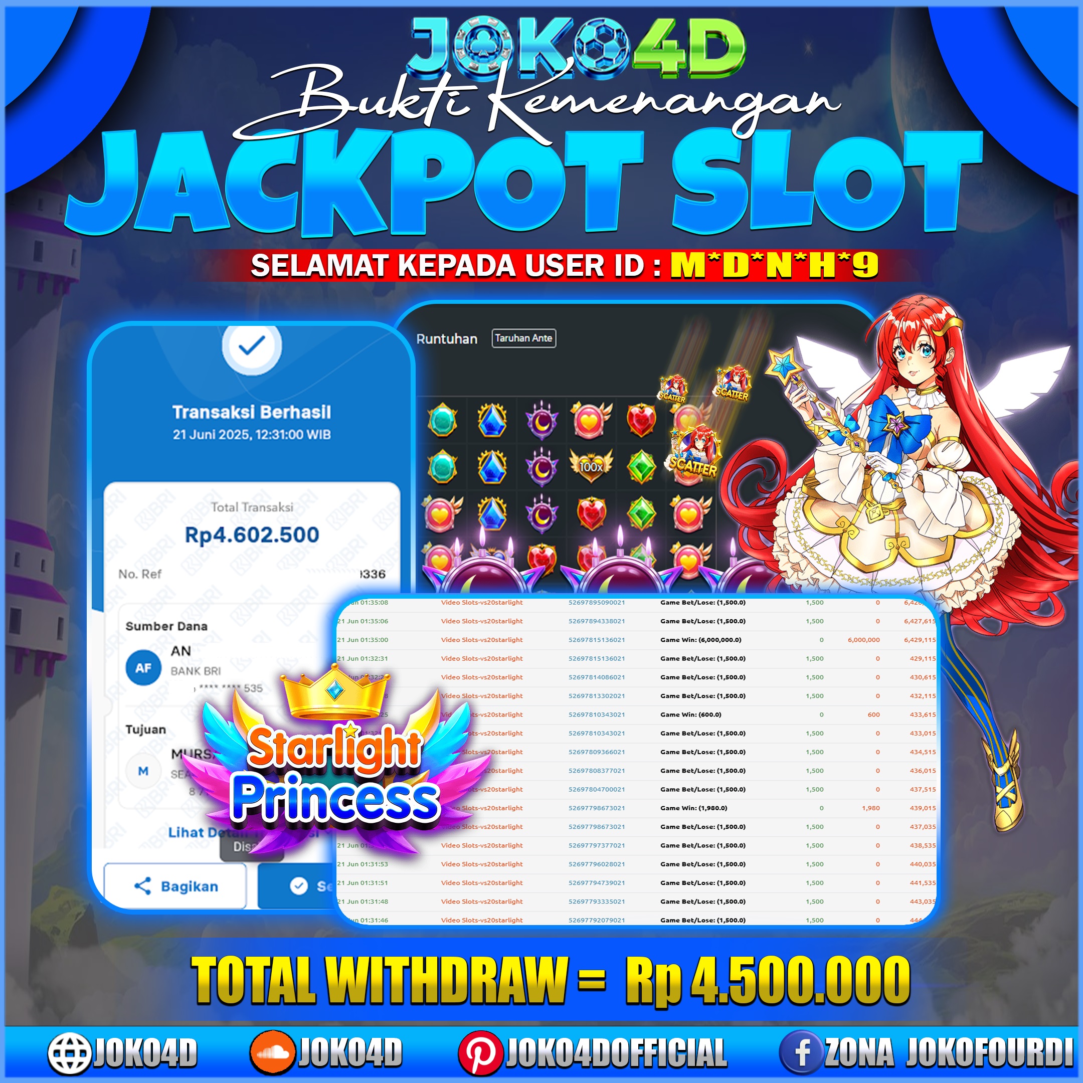 BUKTI JACKPOT SLOT GACOR JOKO4D NENG INCESS MARAH BAGI BAGI CUAN LAGI PERKALIAN X500 TURUN BRAY 21 JUNI 2025