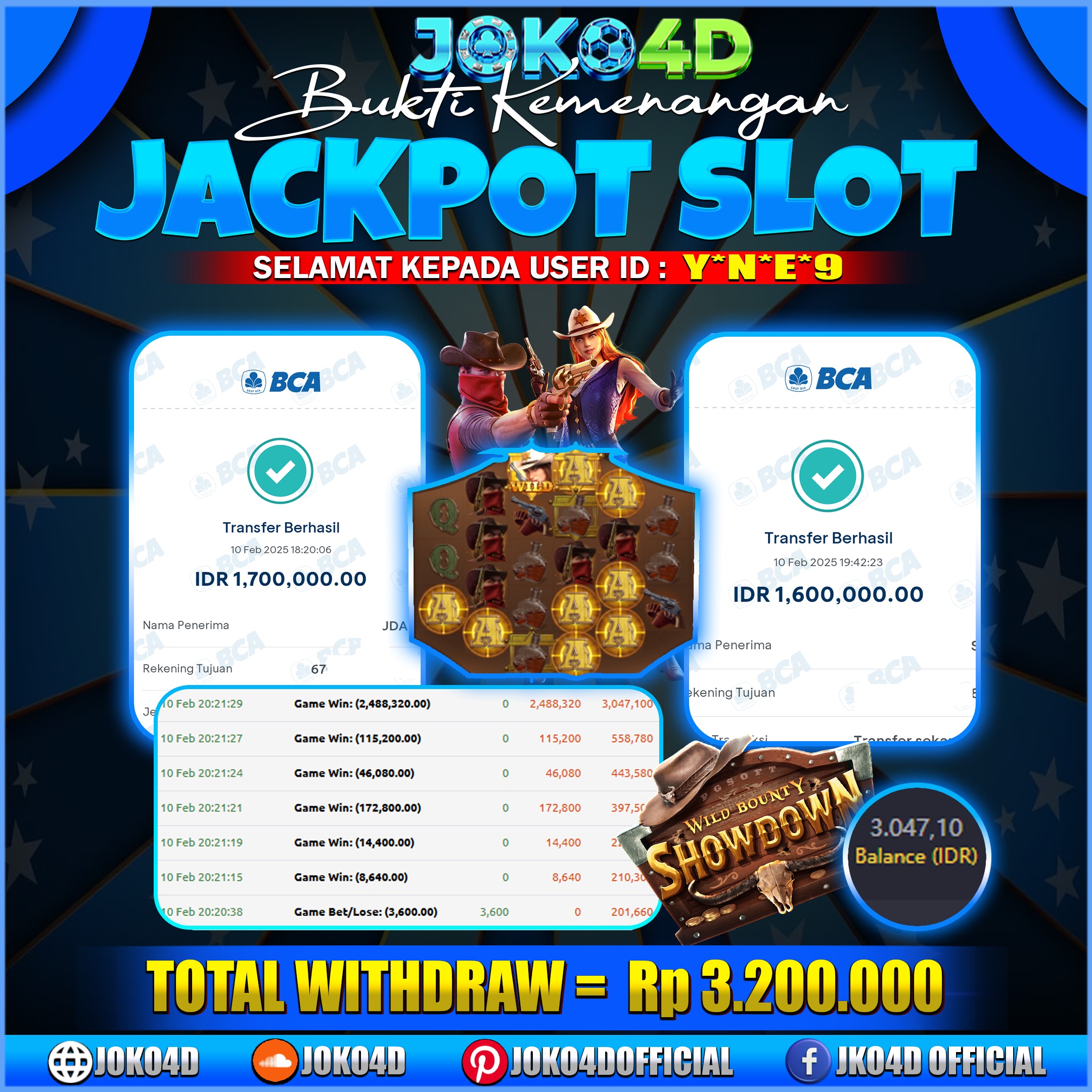 BUKTI JACKPOT SLOT JOKO4D WILD BOUNTY SHOWDOWN GACOR DISINI  10 JANUARY 2025