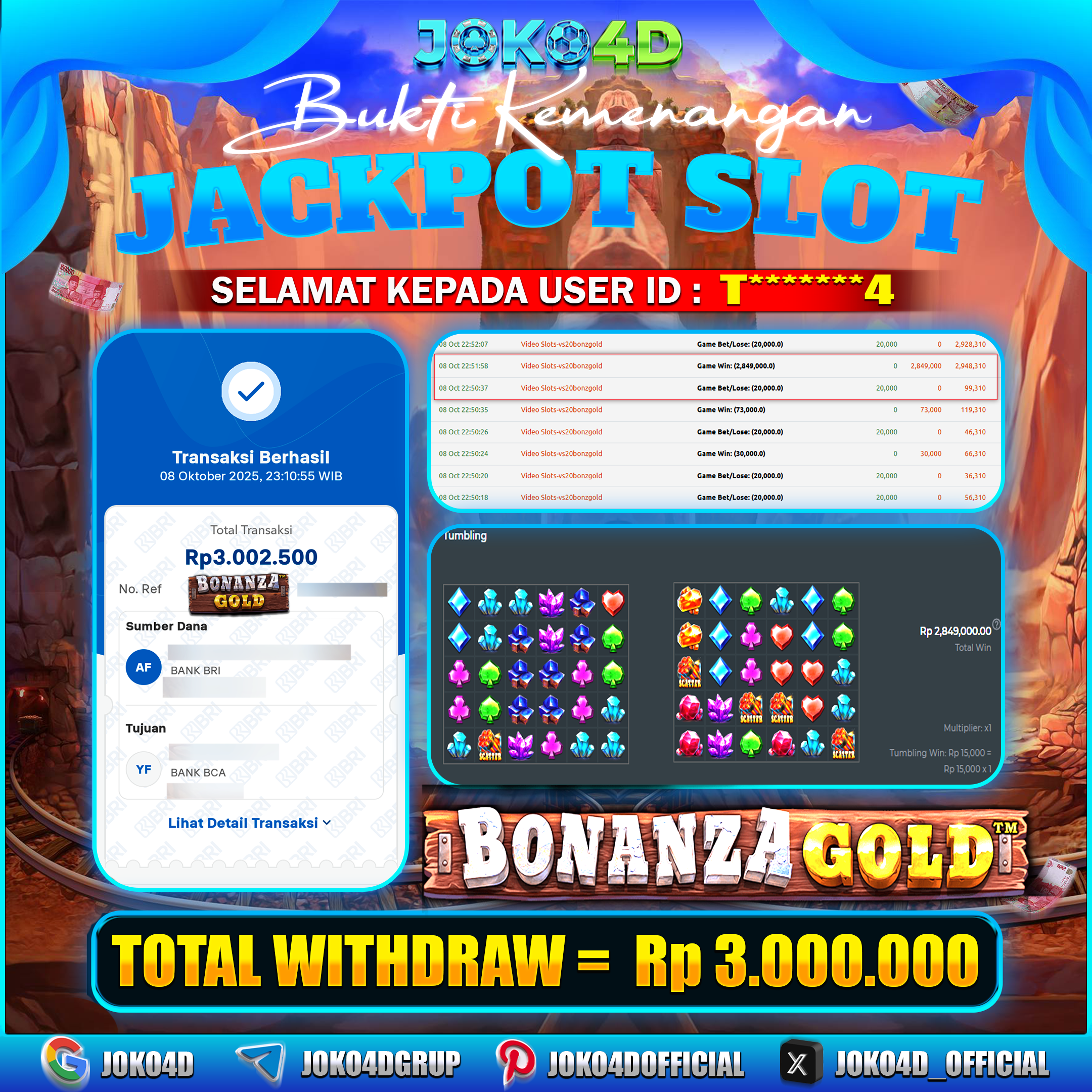 BUKTI KEMENANGAN GACOR JOKO4D BONANZA GOLD MELEDAK PERKALIAN BESAR BRAYY  08 OKTOBER 2025