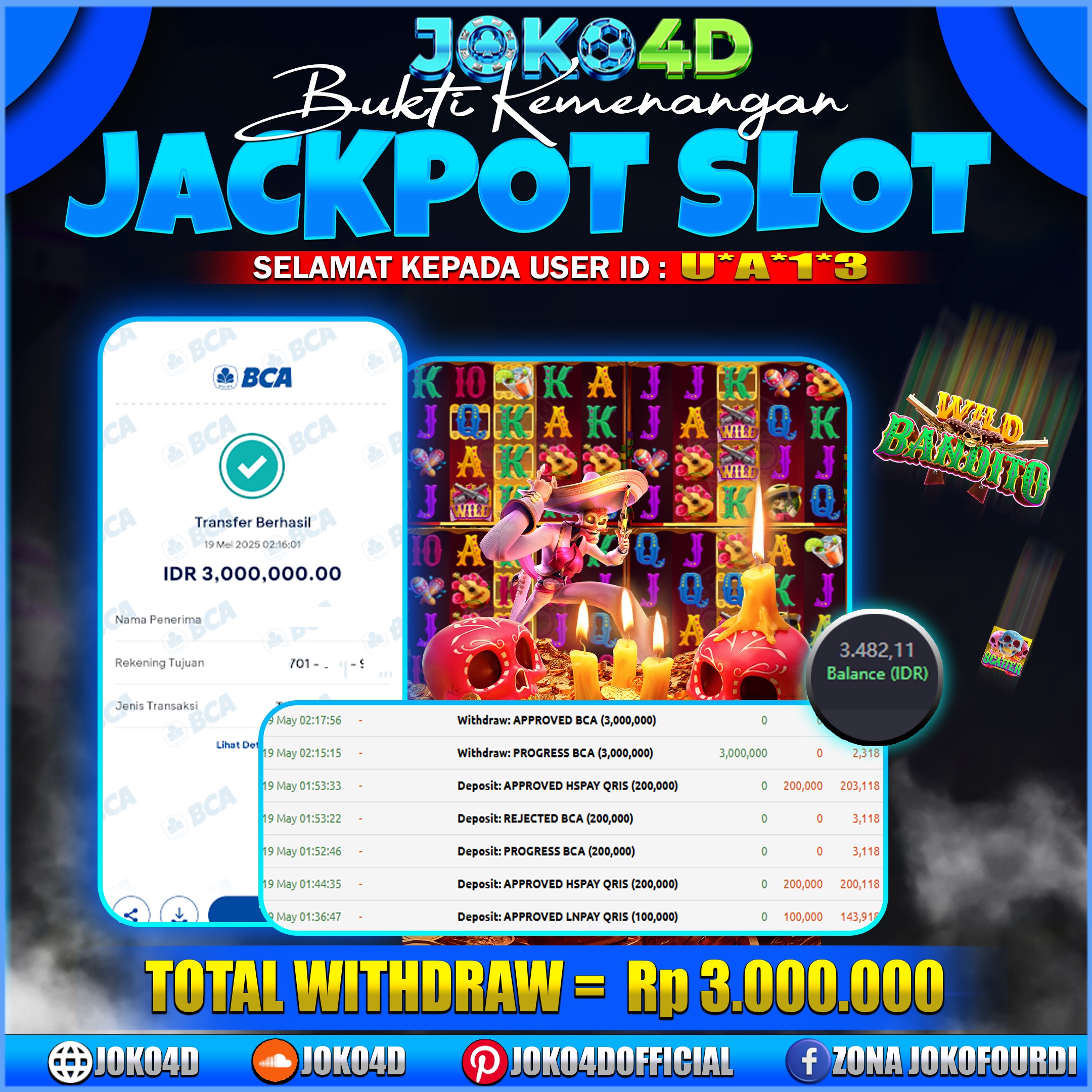 BUKTI JACKPOT SLOT JOKO4D PROVIT TANPA POLA JUGA BISA WD WILD BANDITO CUAN 19 MEI 2025