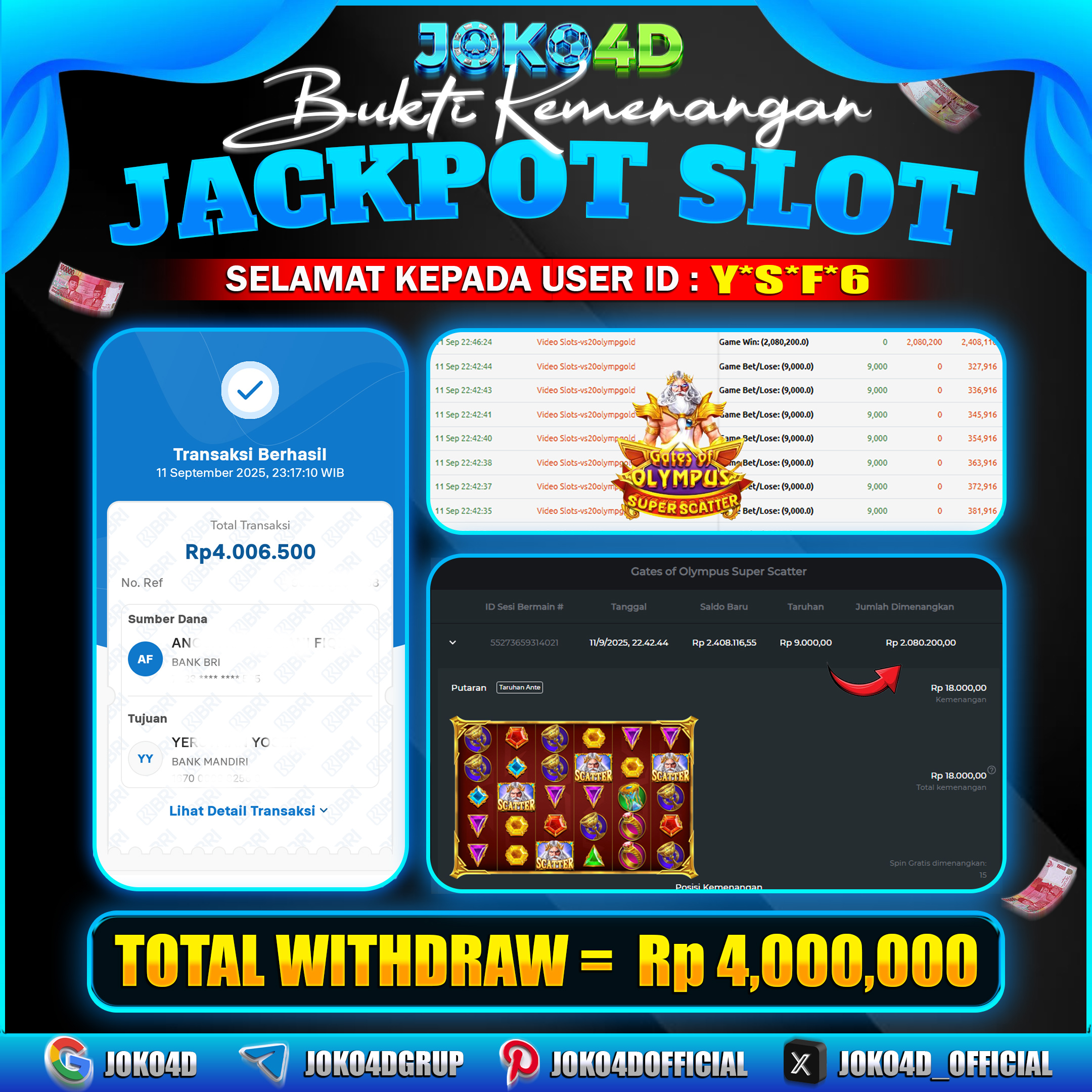 BUKTI KEMENANGAN SLOT GACOR JOKO4D GATES OF OLYMPUS SUPER SCATTER TIDAK ADA AMPUN CUAN TERUS  11 SEPTEMBER 2025