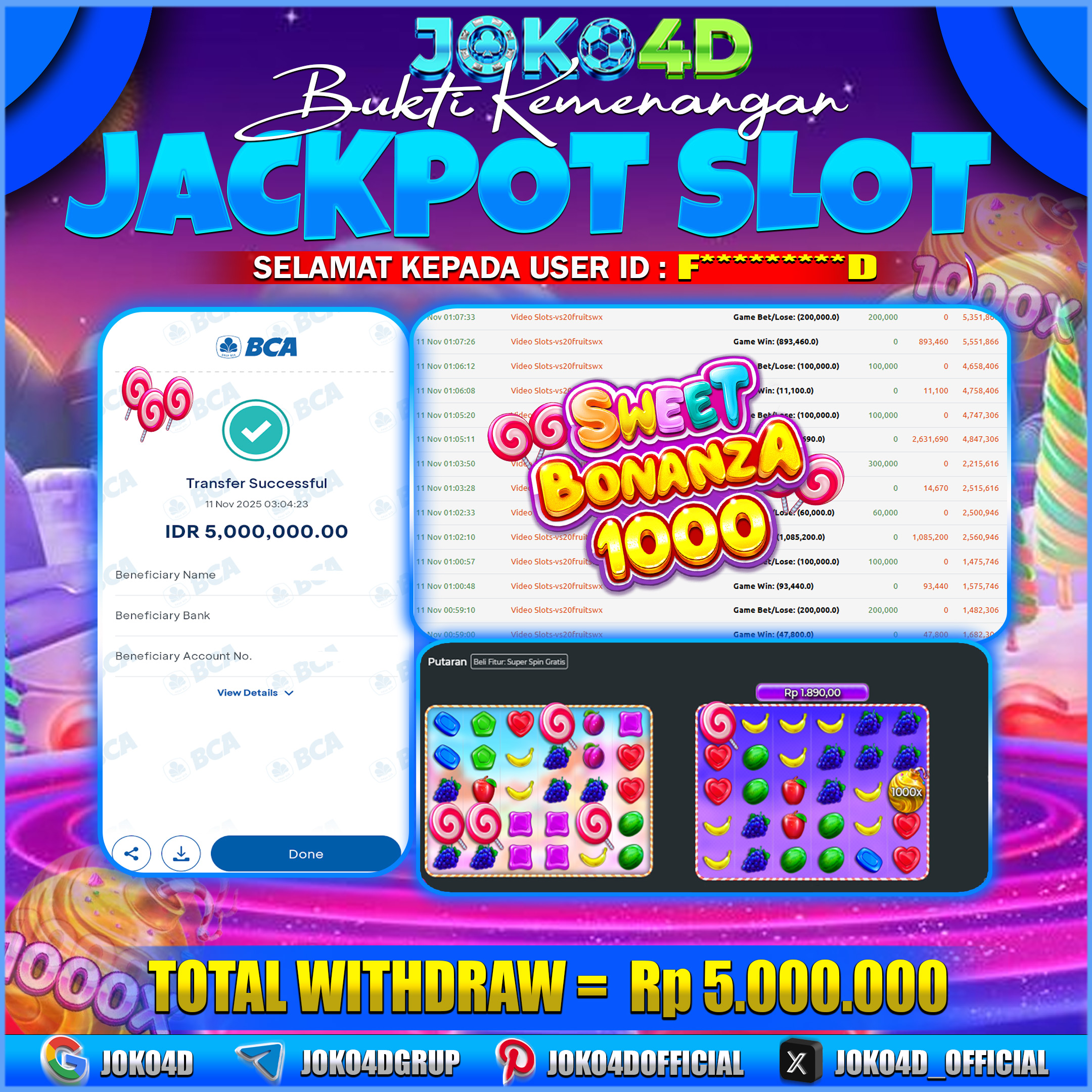 BUKTI KEMENANGAN GACOR JOKO4D SWEET BONANZA 1000 MELEDAK PERKALIAN BESAR BRAYY  11 NOVEMBER 2025