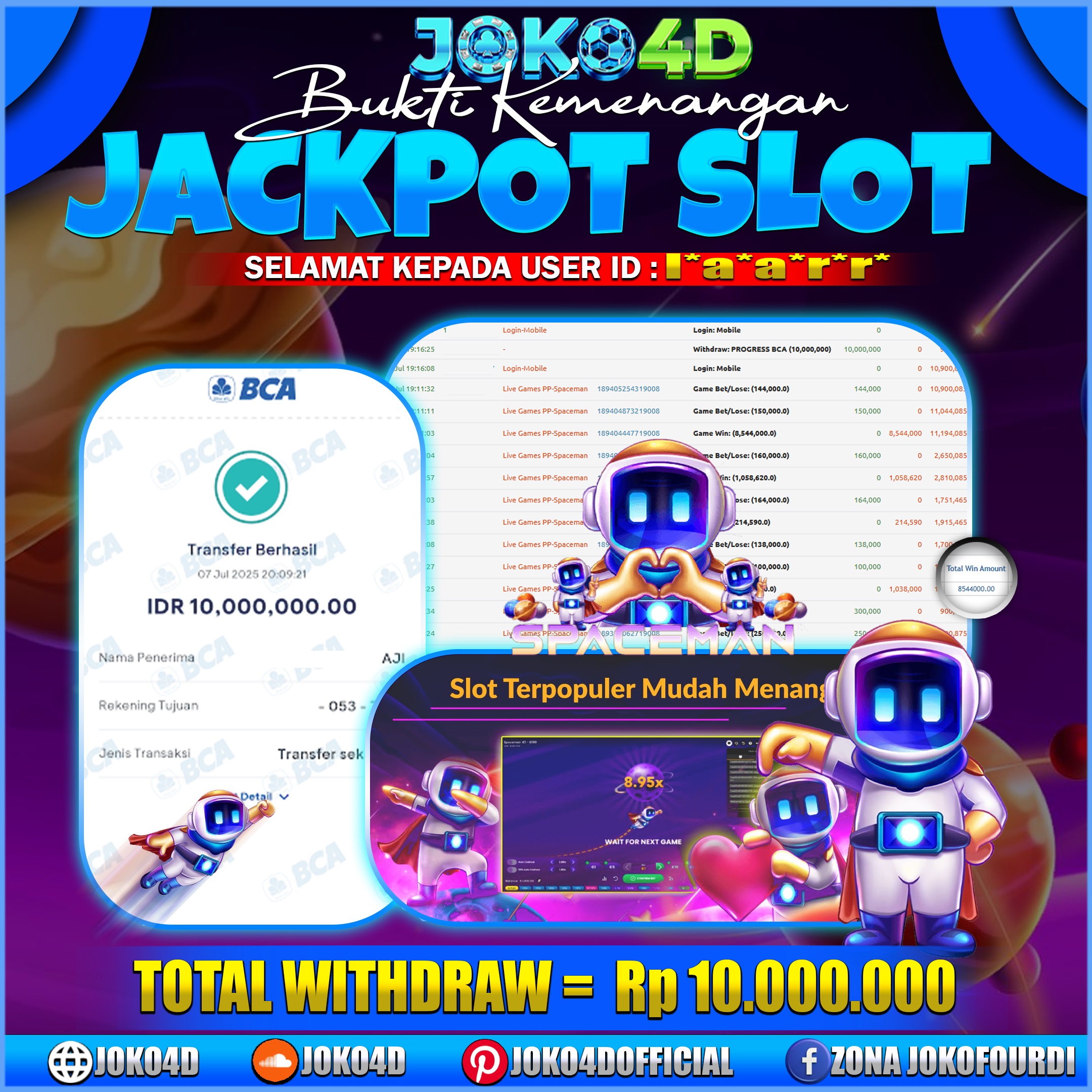 BUKTI KEMENANGAN CASINO GACOR JOKO4D SPACEMAN RATTING KEMENANGN TINGGI HANYA DI SINI 07 JULY 2025