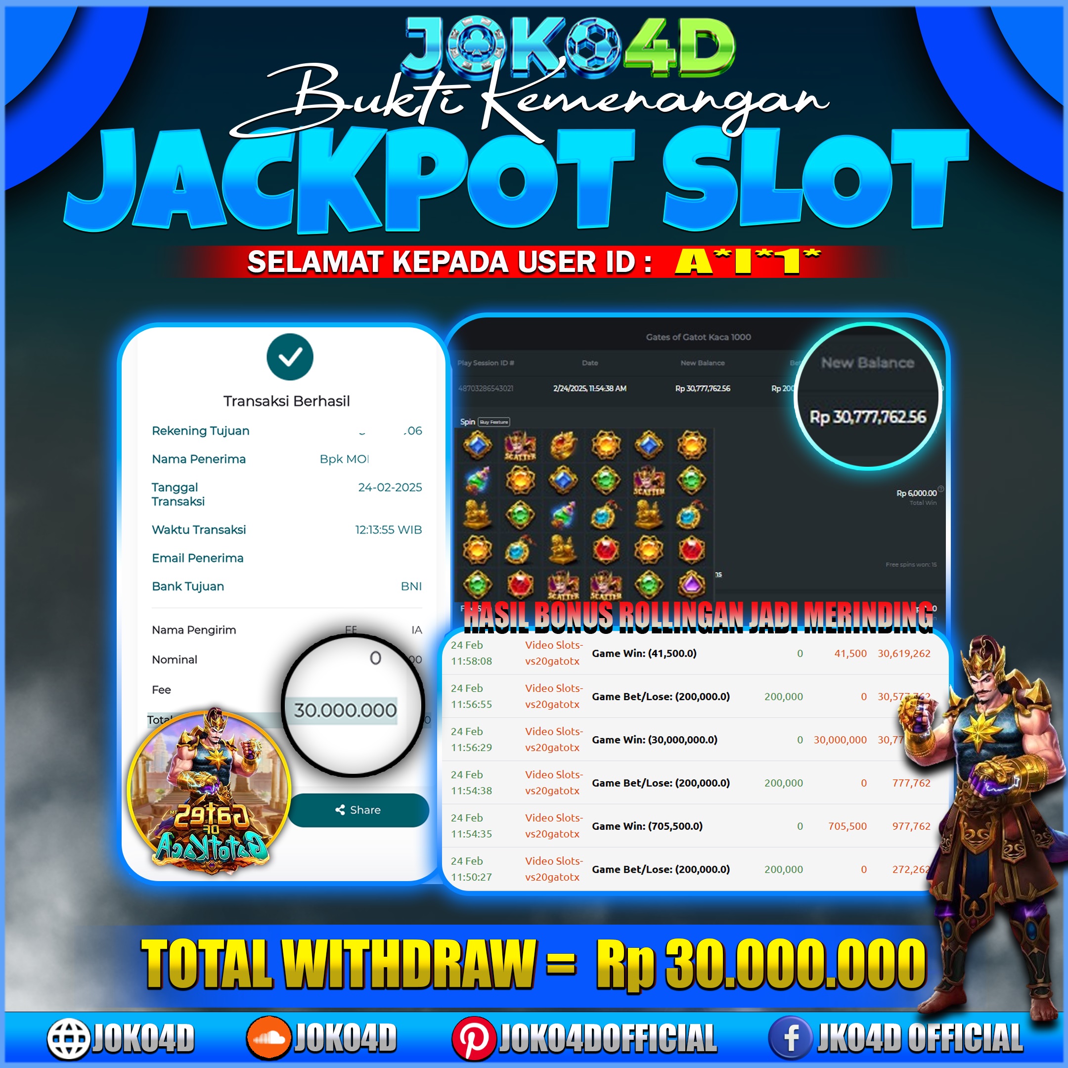 BUKTI MAXWIN SLOT GACOR  JOKO4D MODAL ROLLINGAN MELEDAK BOSKU CUAN GAK TU!! 24 FEBRUARI 2025