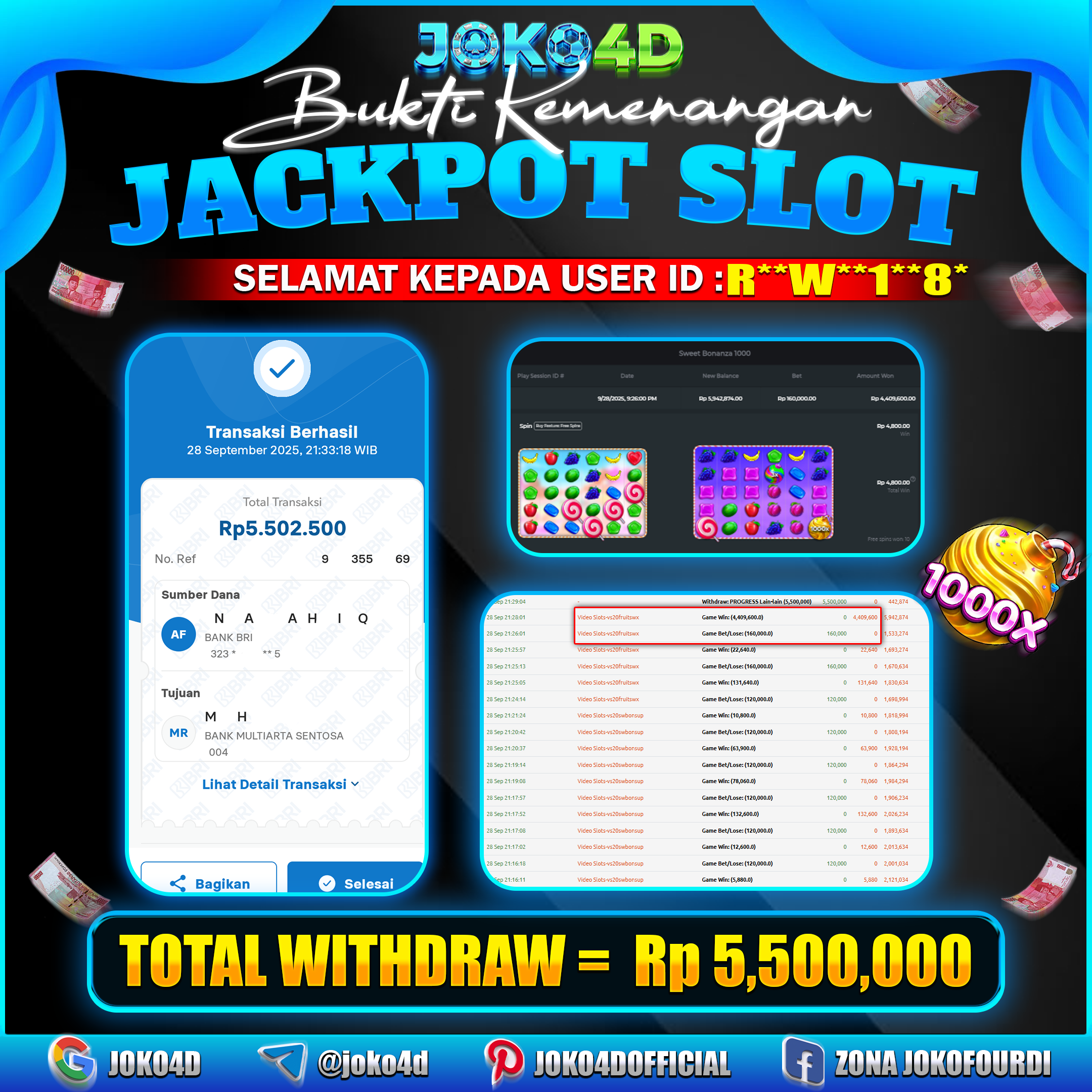 BUKTI KEMENANGAN GACOR JOKO4D SWEET BONANZA 1000 MELEDAK PERKALIAN BESAR BRAYY  28 SEPTEMBER 2025