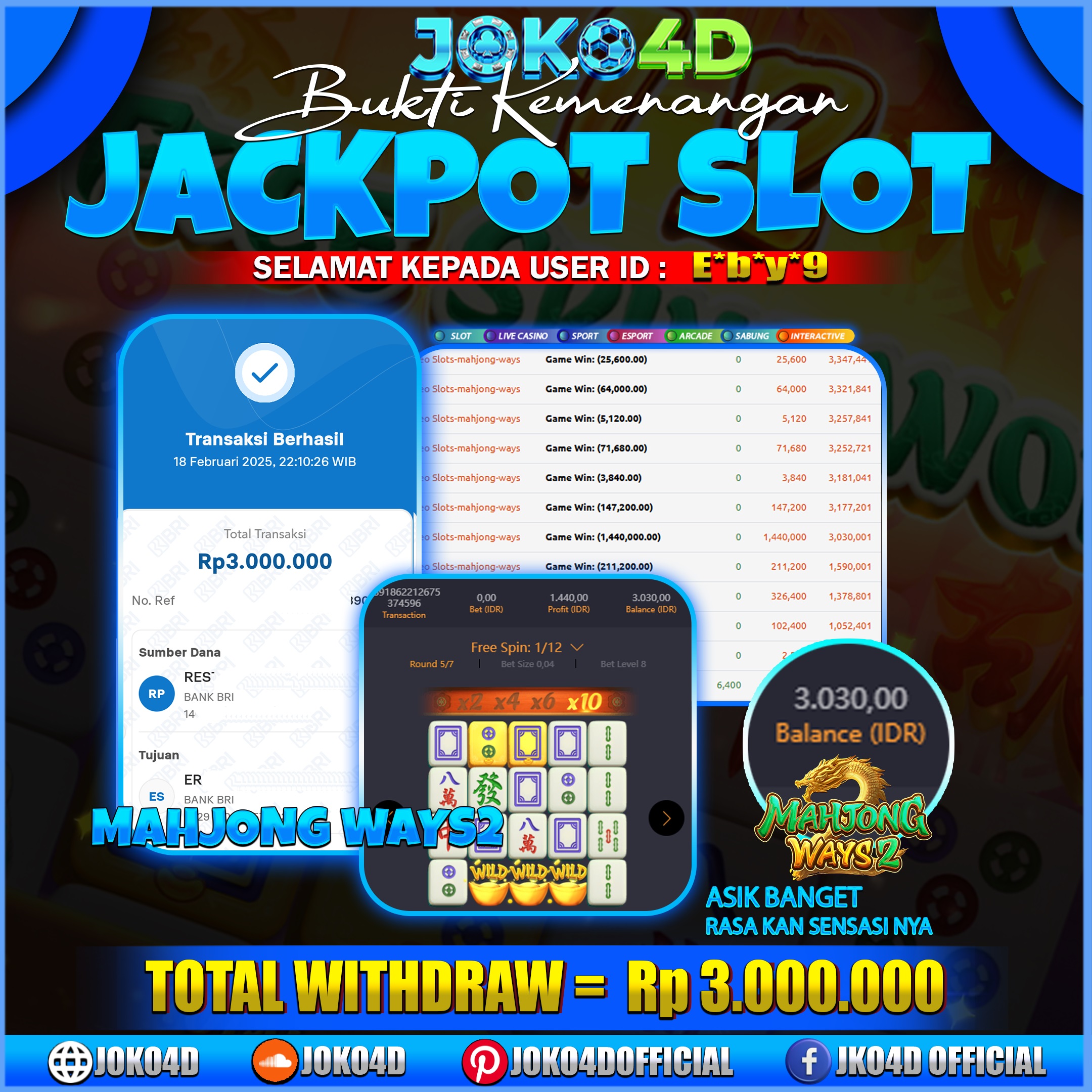 BUKTI JACKPOT SLOT JOKO4D PROVIT TANPA POLA JUGA BISA WD  MAHJONG WAYS CUAN 18 FEBRUARI 2025