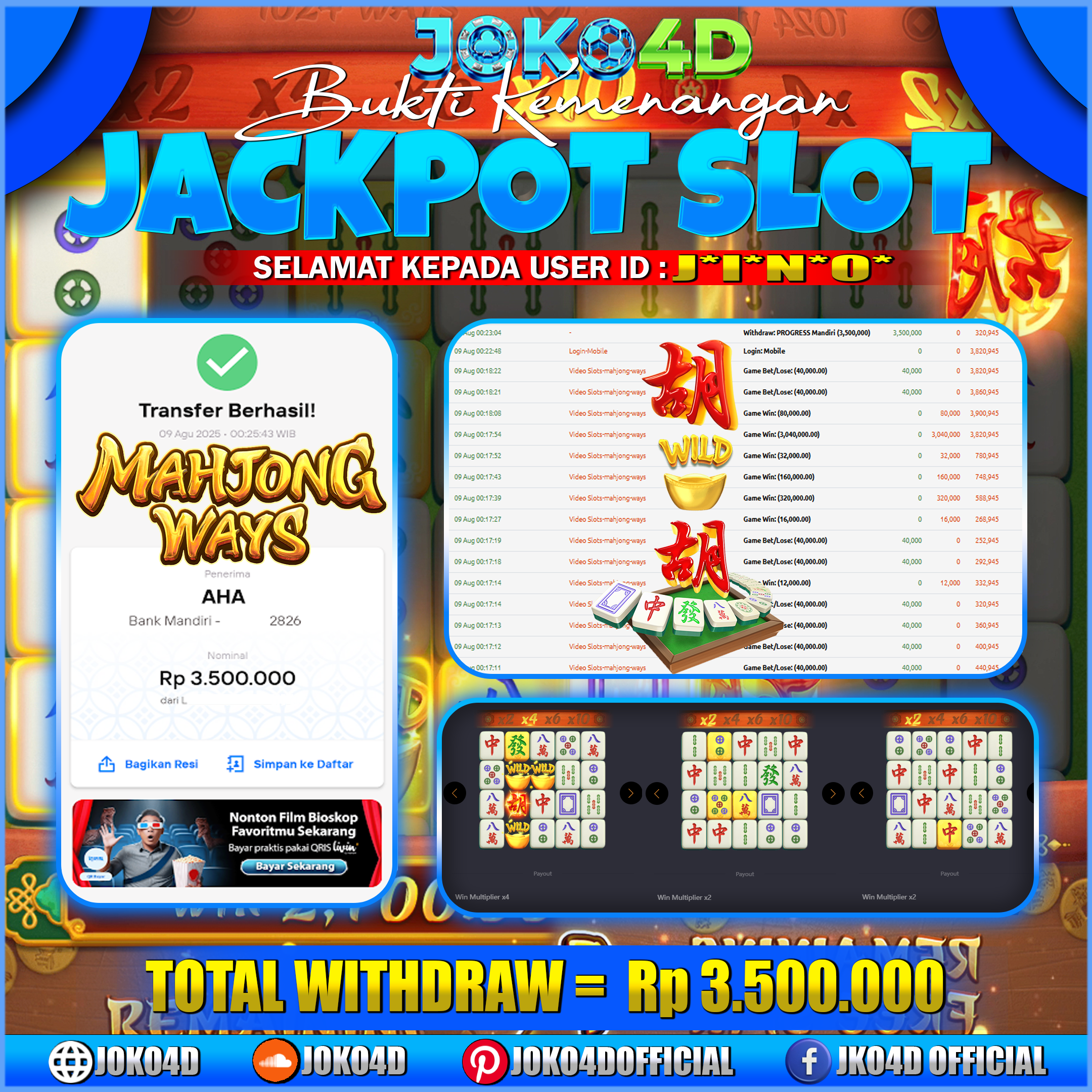 BUKTI KEMENANGAN SLOT GACOR JOKO4D COMBO MAHJONG WAYS BANJIR SCATTER DAN PECAHAN BESAR BOYY  09 AGUSTUS 2025