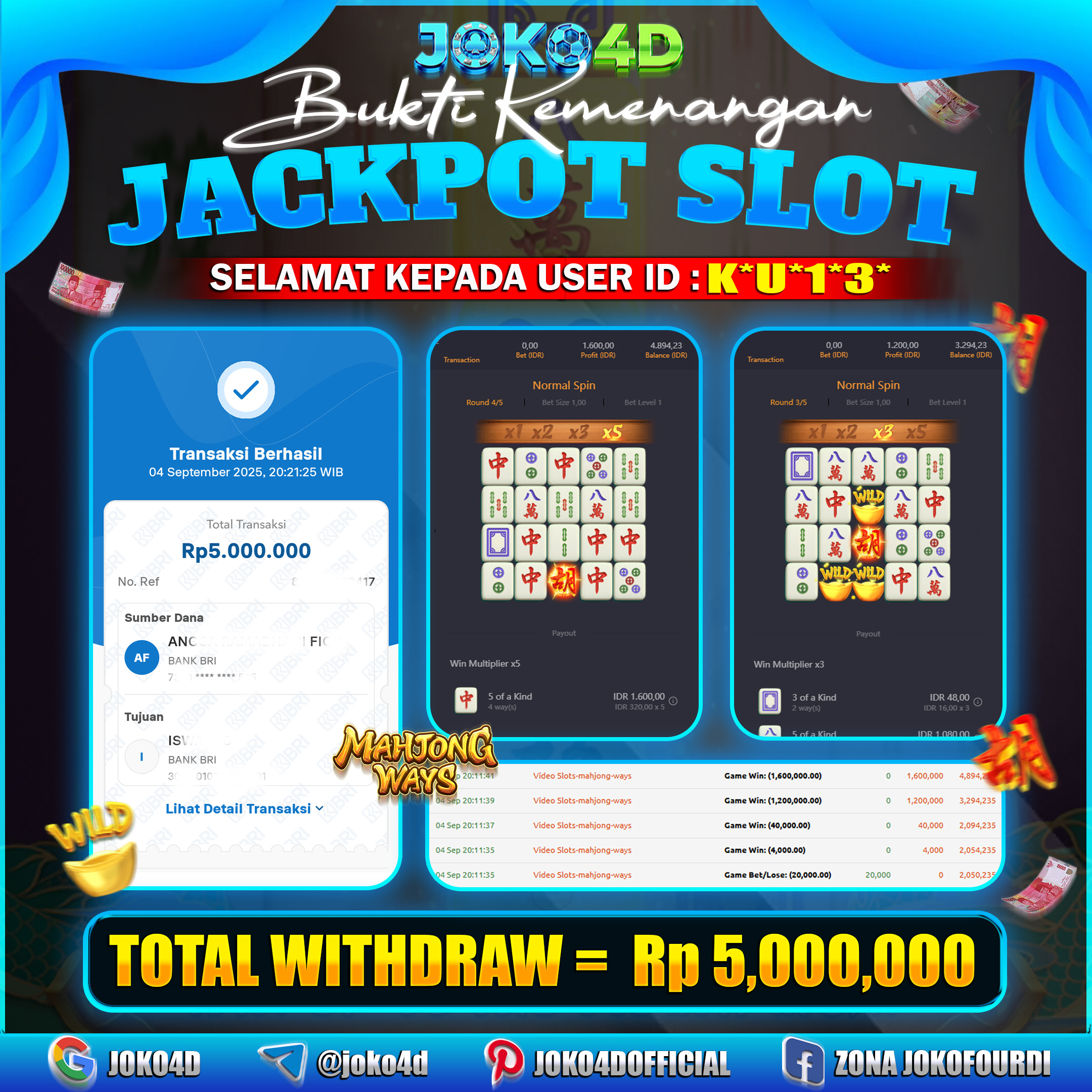 BUKTI KEMENANGAN SLOT GACOR JOKO4D MAHJONG WAYS   BANJIR SCATTER BRAYY   04 SEPTEMBER 2025