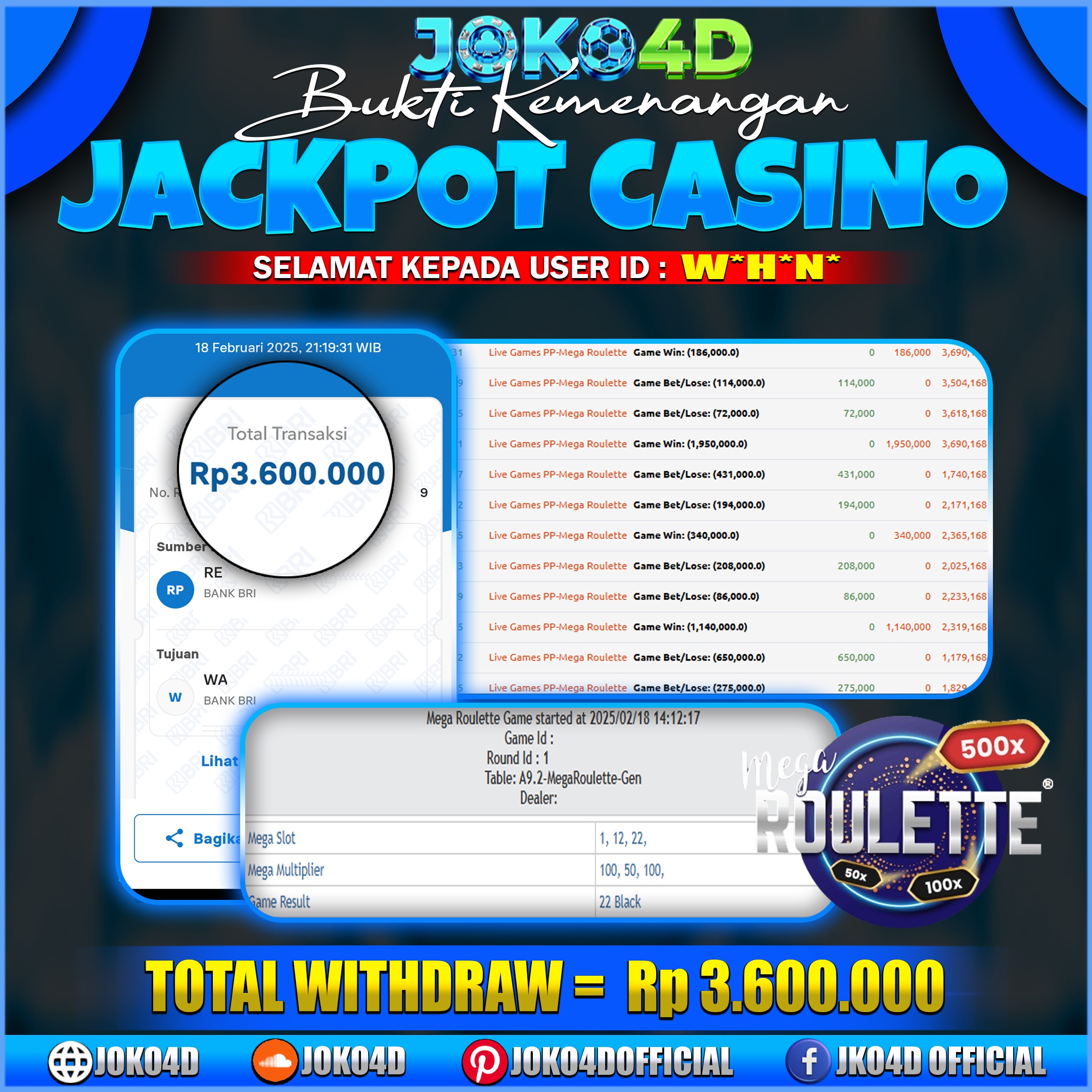 BUKTI JACKPOT MEGA ROULETTE  JOKO4D MAIN APAPUN MENANG PASTI LUNAS 18 FEBRUARI 2025