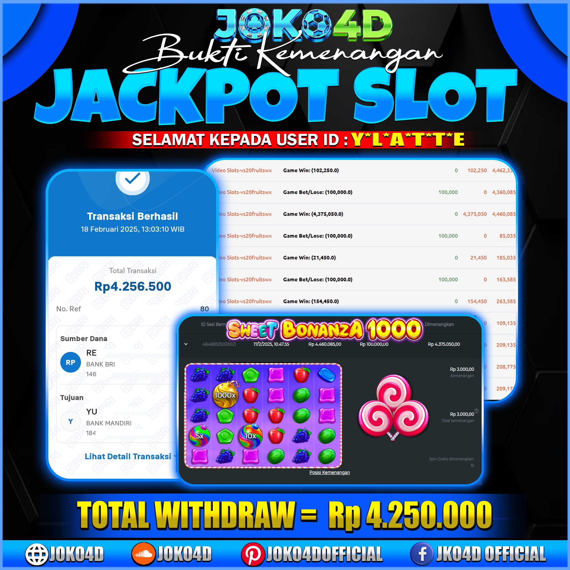 BUKTI JACKPOT SLOT JOKO4D X1000 BONANZA MELEDAK AUTO SULTAN ASLI GAK TU BRAY 18 FEBRUARI 2025