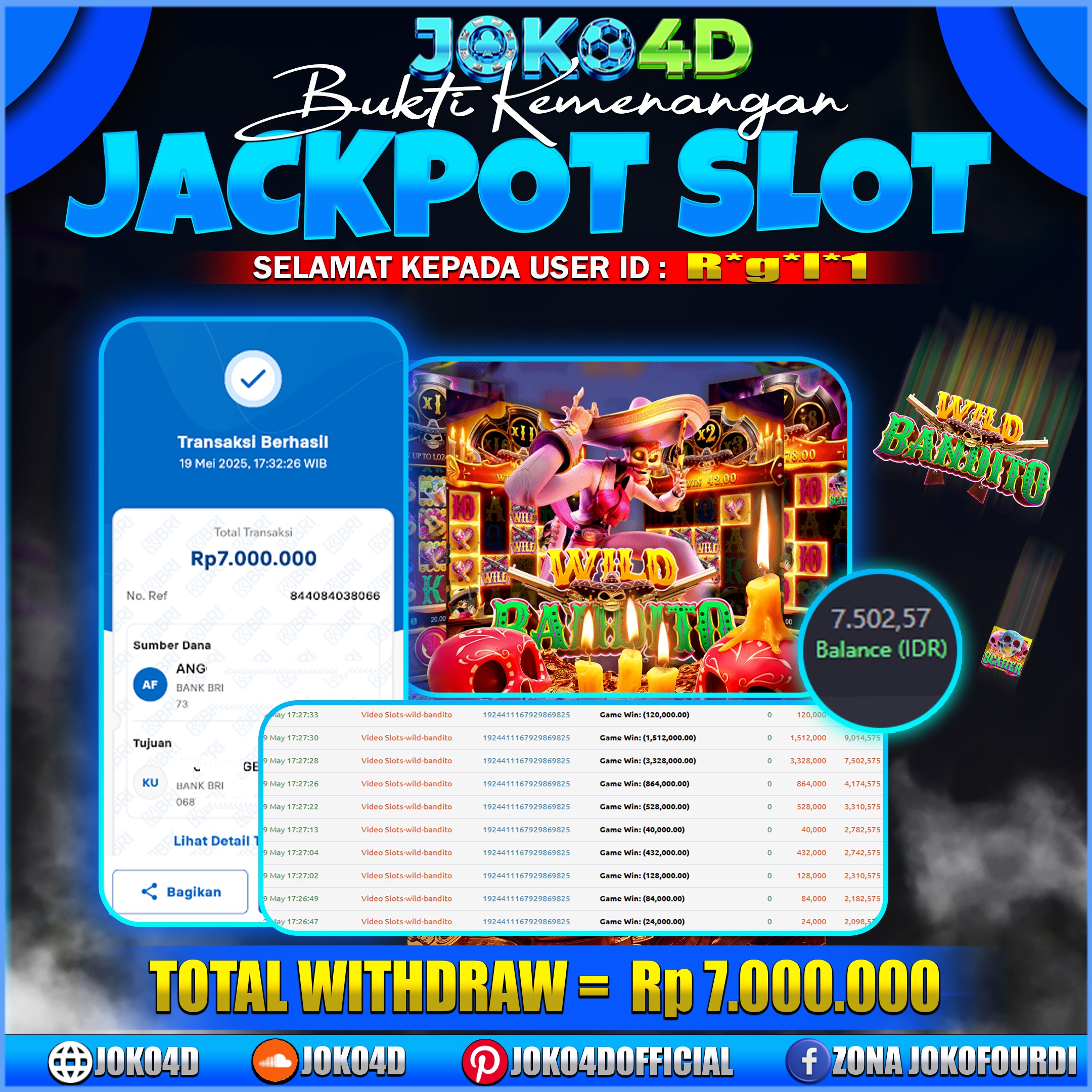 BUKTI KEMENANGAN SLOT GACOR JOKO4D WILD BANDITO DI TURUN PERKALIAN BANYAK NI  BRAY 19 MEI 2025