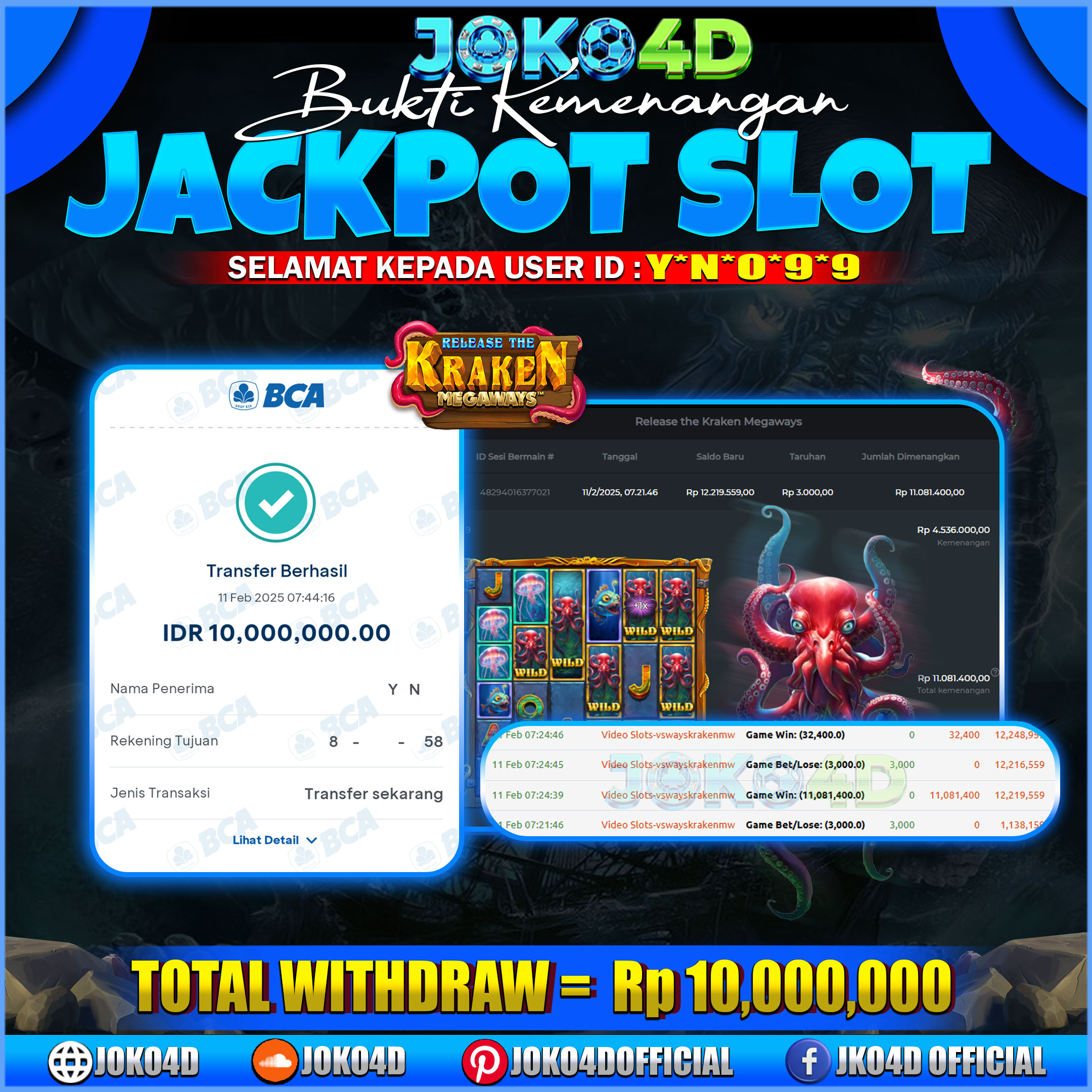 BUKTI KEMENANGAN SLOT GACOR JOKO4D KRAKEN MEGAWAYS 12 FEBRUARY