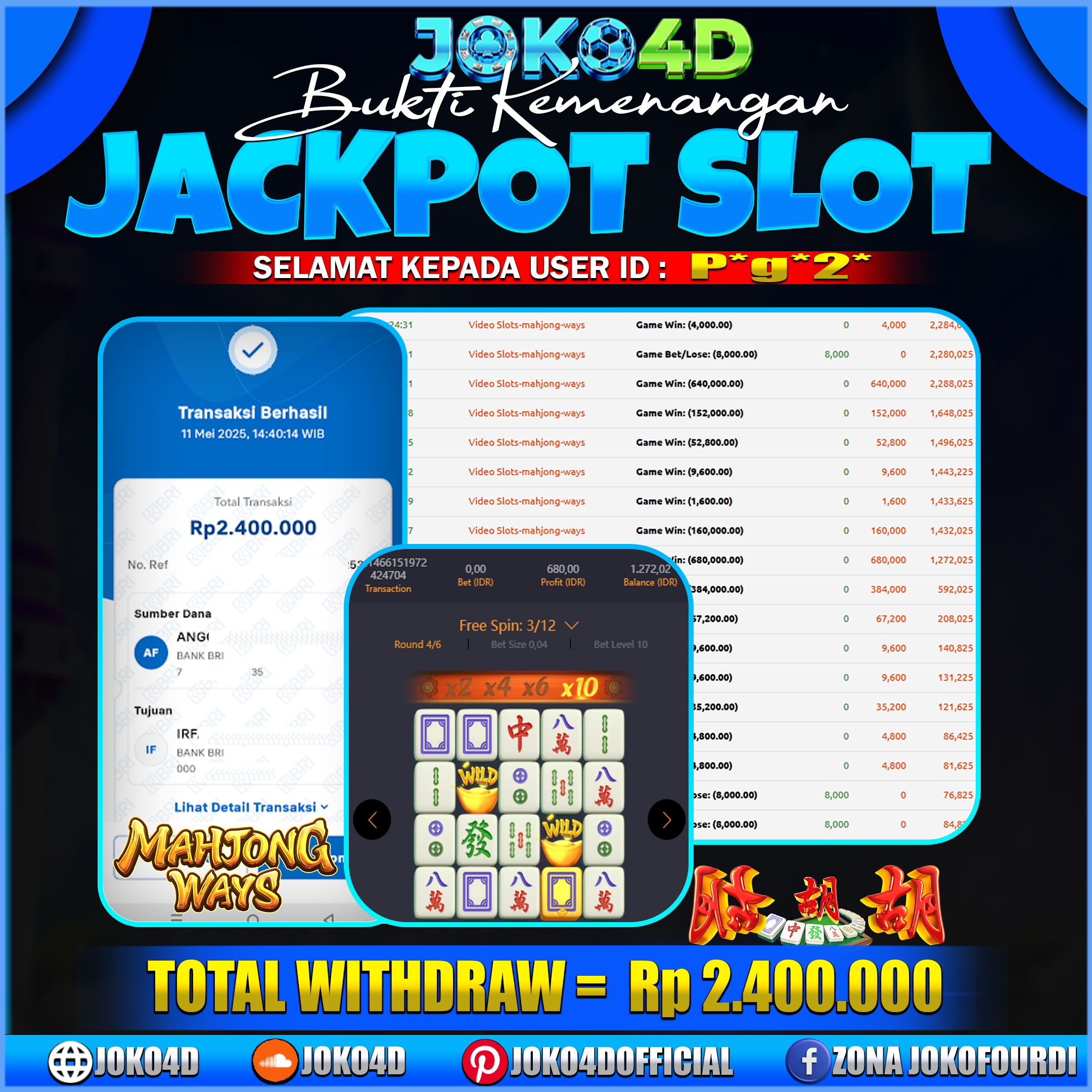 BUKTI KEMENANGAN SLOT GACOR JOKO4D COMBO MAHJONG WAYS ANTI RUNGKAD DISINI BRAYY 11 MEI 2025