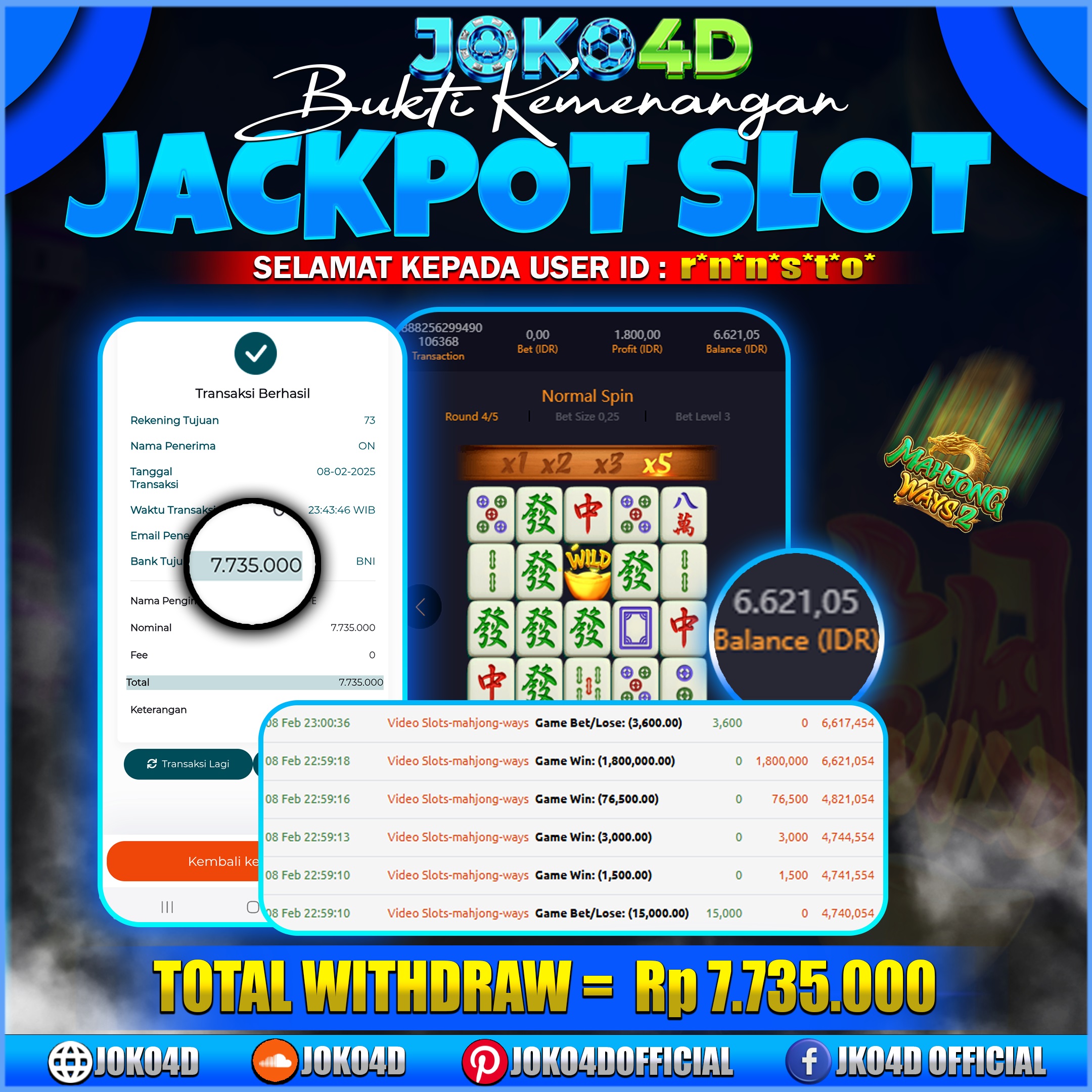 BUKTI JACKPOT SLOT JOKO4D PROVIT HANYA DALAM WAKTU SINGKAT MAHJONG WAYS CUAN 08 FEBRUARI 2025