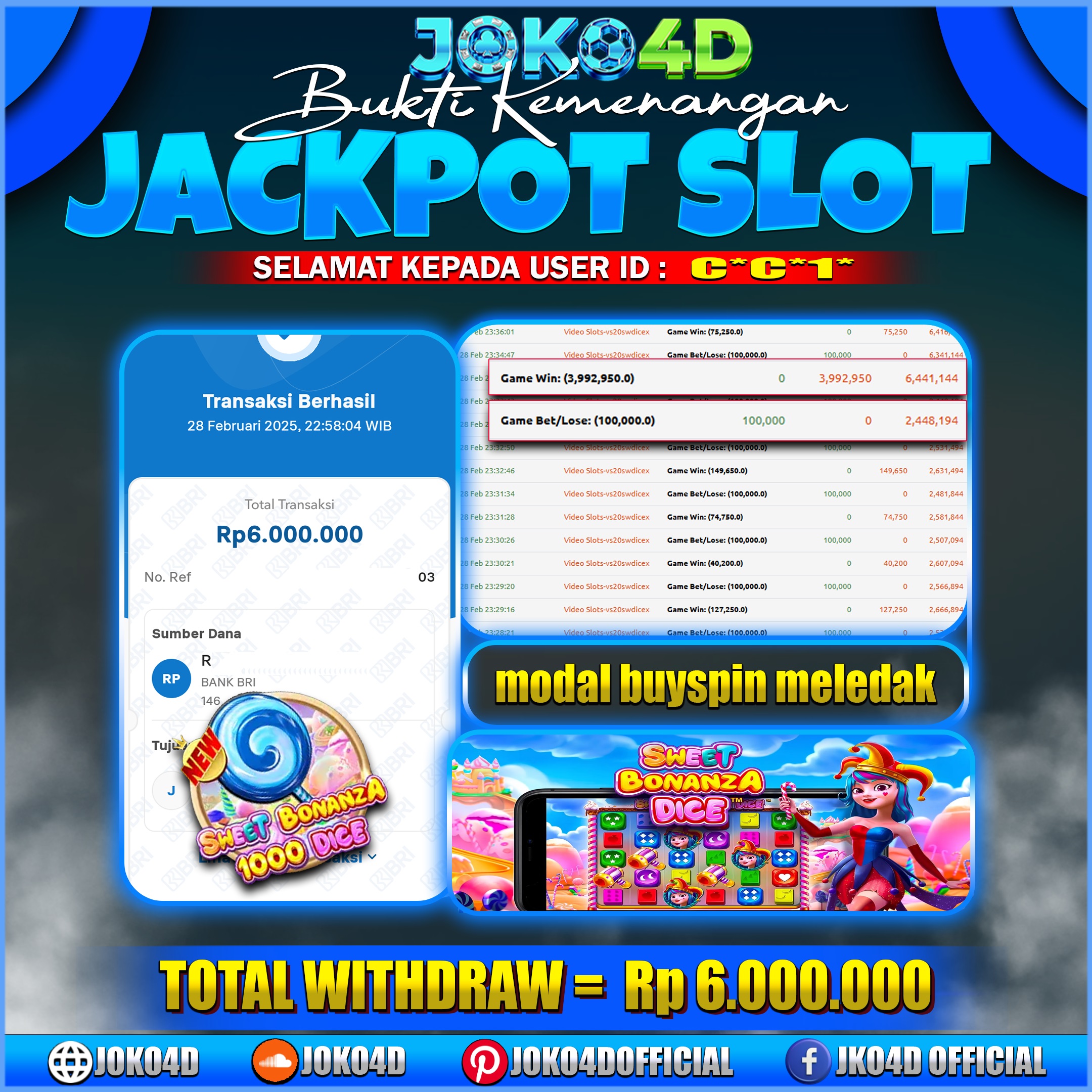 BUKTI JACKPOT SLOT GACOR JOKO4D BONANZA DICE MELEDAK AUTO SULTAN ASLI GAK TU BRAY 28 FEBRUARI 2025