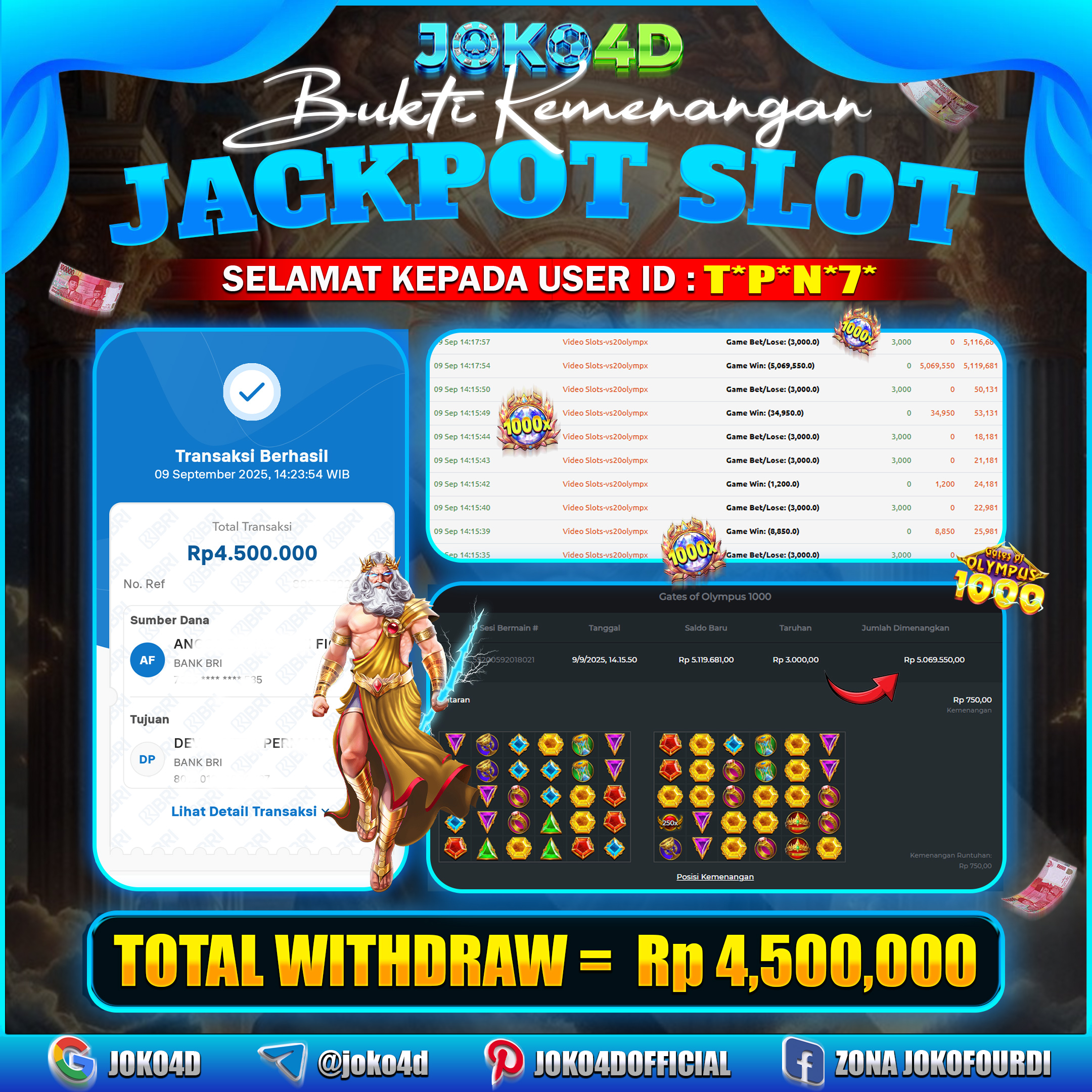 BUKTI KEMENANGAN SLOT GACOR JOKO4D GATES OF OLYMPUS 1000 BANJIR PERKALIAN BESAR TANPA AMPUN  09 SEPTEMBER 20225