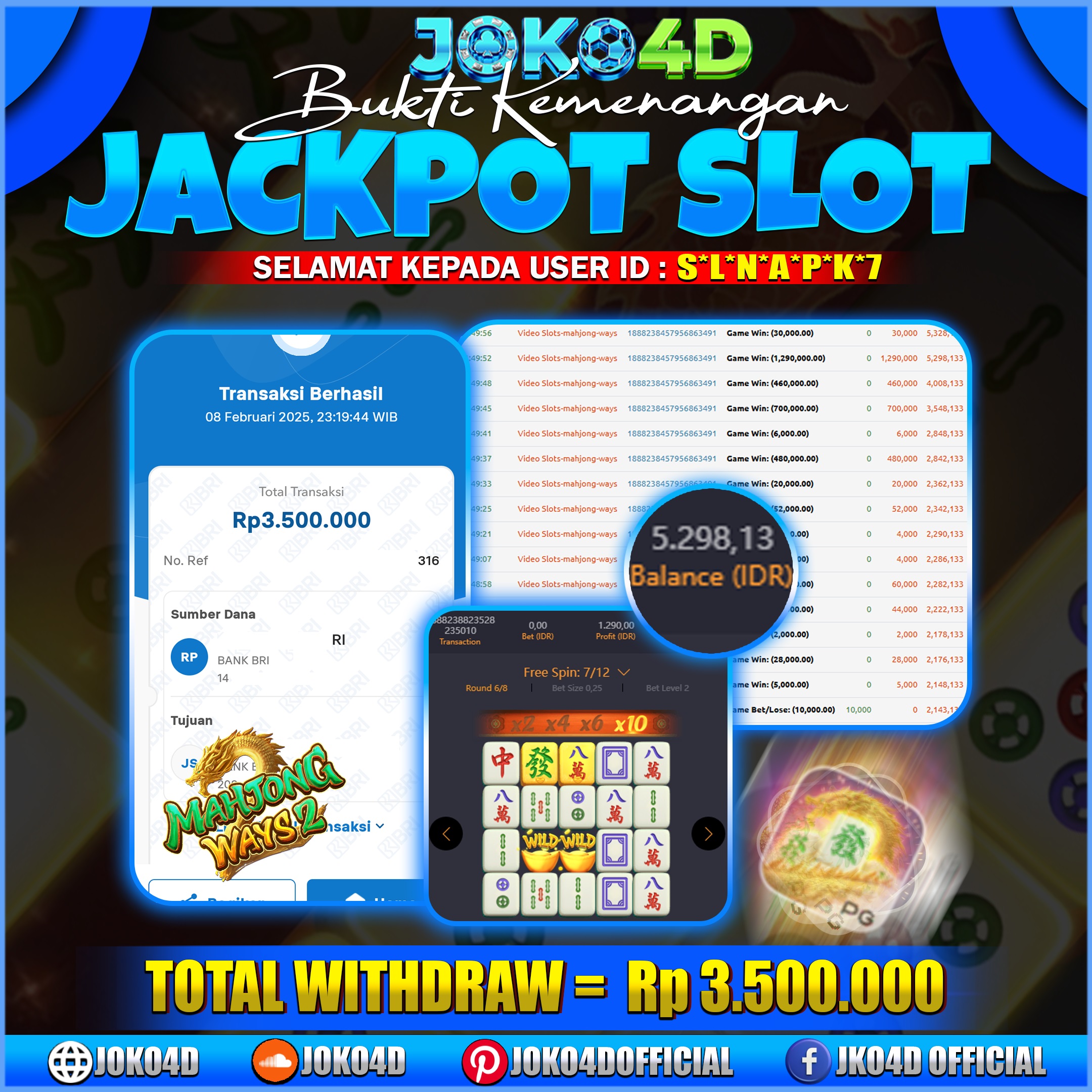 BUKTI KEMENANGAN SLOT GACOR JOKO4D MAHJONG MENYALA TUMPAH TUMPAH 08 FEBRUARI 2025