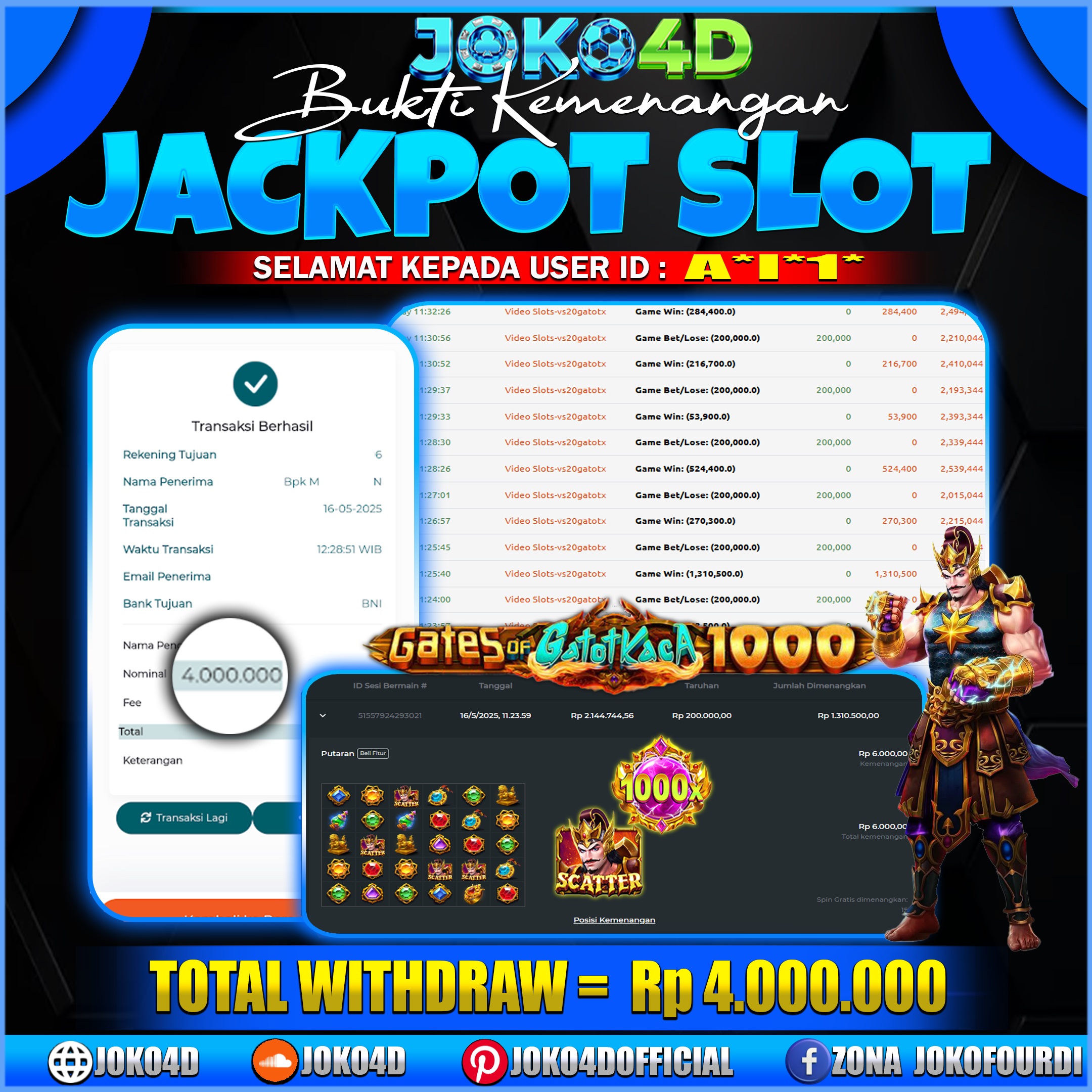 BUKTI JACKPOT SLOT JOKO4D AUTO SPIN GATOT KACA EMANG PALING GACOR DISINI 16 MEI 2025