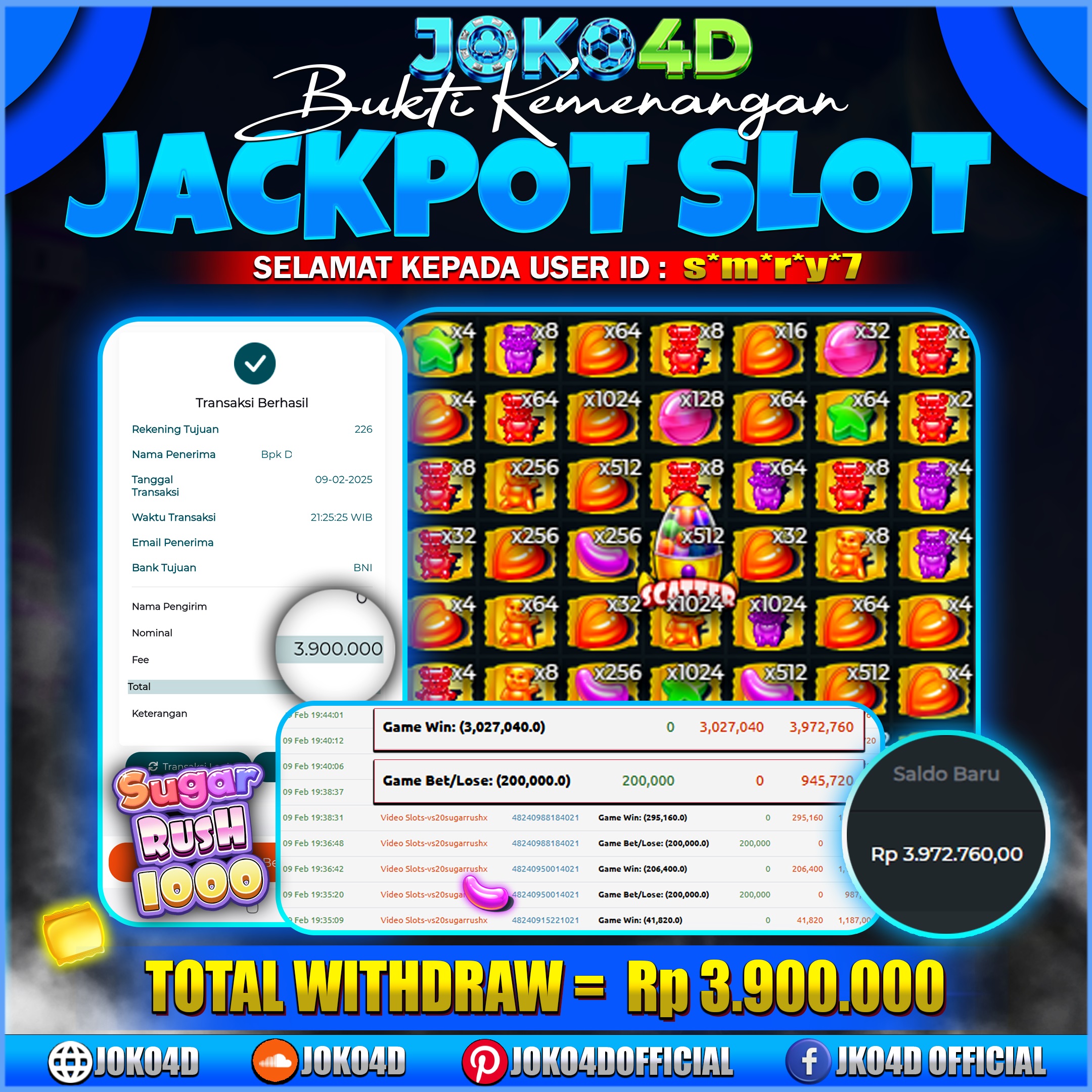 BUKTI KEMENANGAN SLOT GACOR JOKO4D SUGAR RUSH 1000 JUGA SEDANG PANAS PANAS NYA BOSKU 09 FEBRUARI 2025