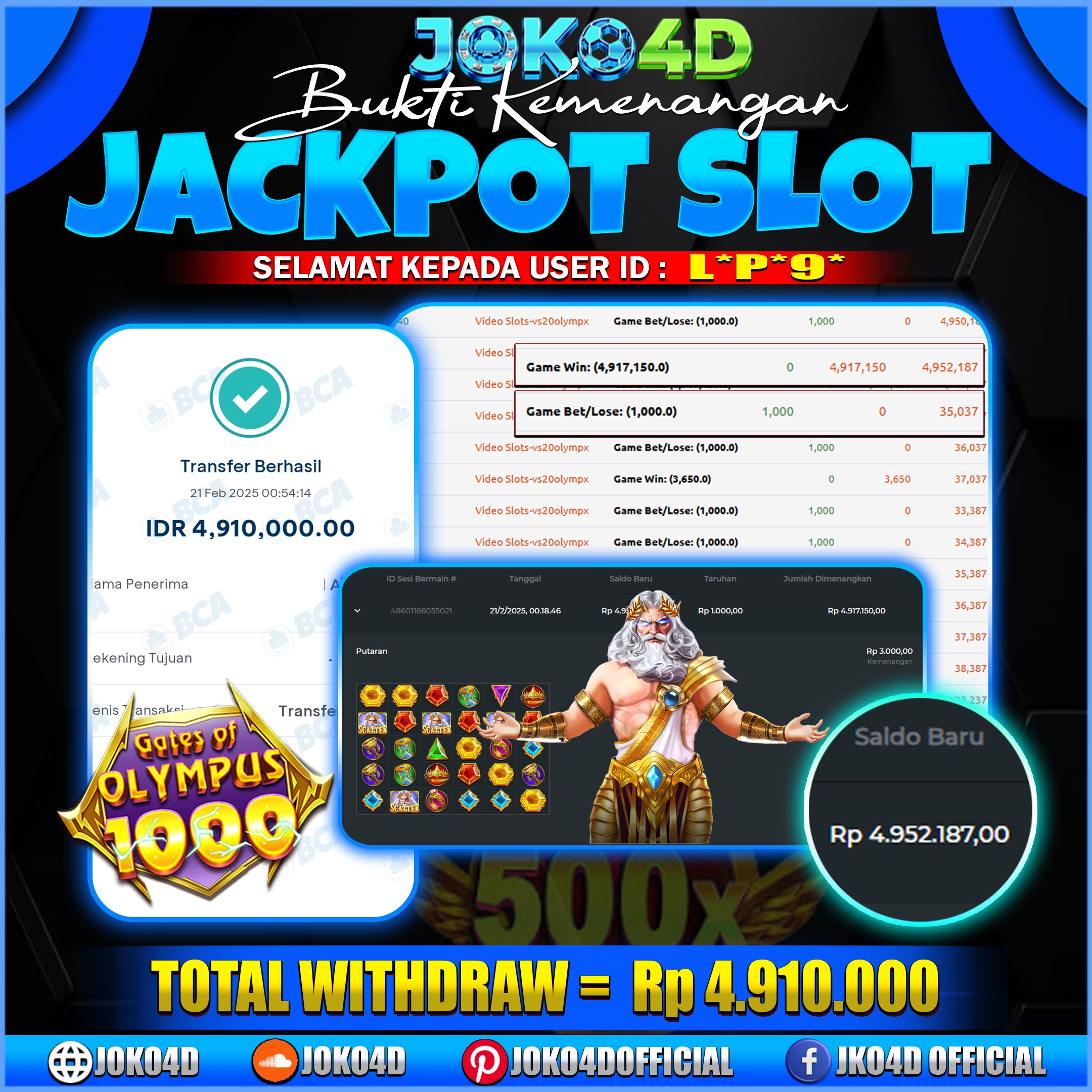 BUKTI KEMENANGAN SLOT GACOR JOKO4D OLYMPUS MAIN KEMENANGAN PASTI DI RAIH 21 FEBRUARI 2025