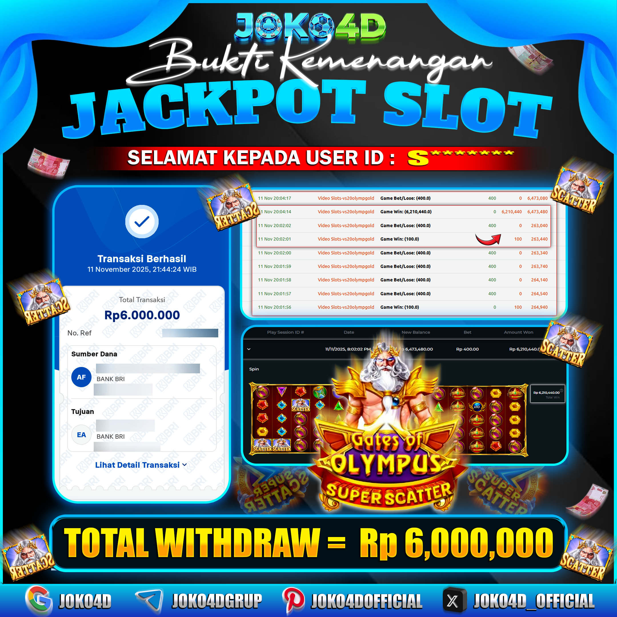 BUKTI KEMENANGAN SLOT GACOR JOKO4D GATES OF OLYMPUS SUPER SCATTER TIDAK ADA AMPUN CUAN TERUS  21 NOVEMBER  2025