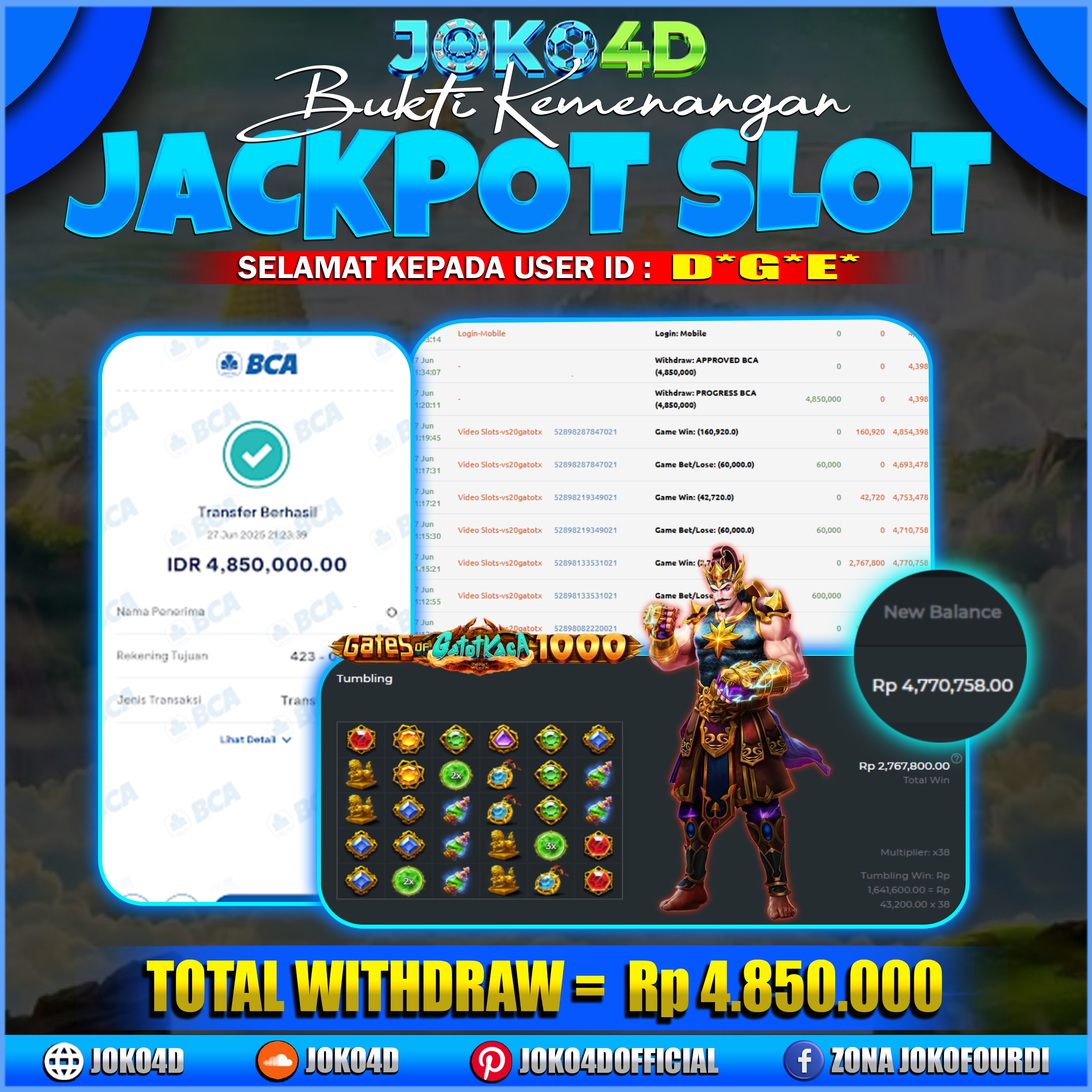 BUKTI KEMENANGAN SLOT GACOR JOKO4D GATES OF GATOT KACA 1000 PERKALIAN  NYATA BRAYY MAIN PASTI MENANG 27 JUNI 2025
