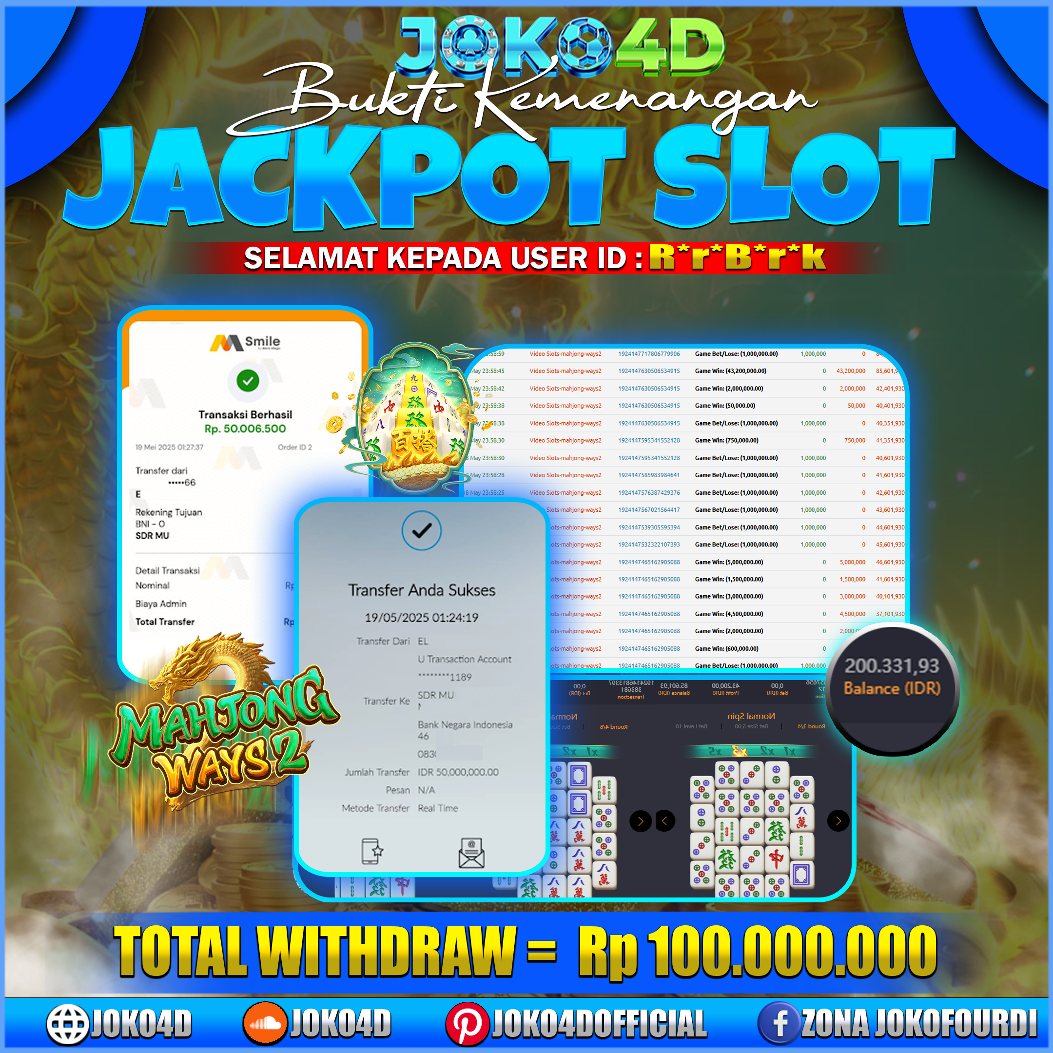 BUKTI JACKPOT SLOT GACOR JOKO4D MAHJONG GACOR NGUCUR CUAN 19 MEI 2025