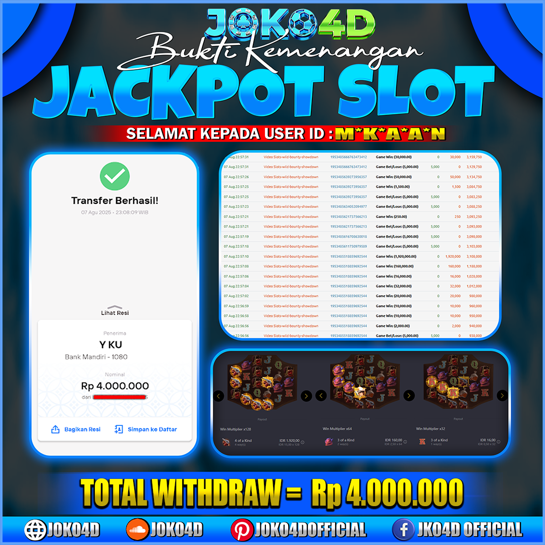BUKTI KEMENANGAN SLOT GACOR JOKO4D COMBO WILD BOUNTY SHOWDOWN ANTI RUNGKAD DISINI BRAYY  07 AGUSTUS 2025
