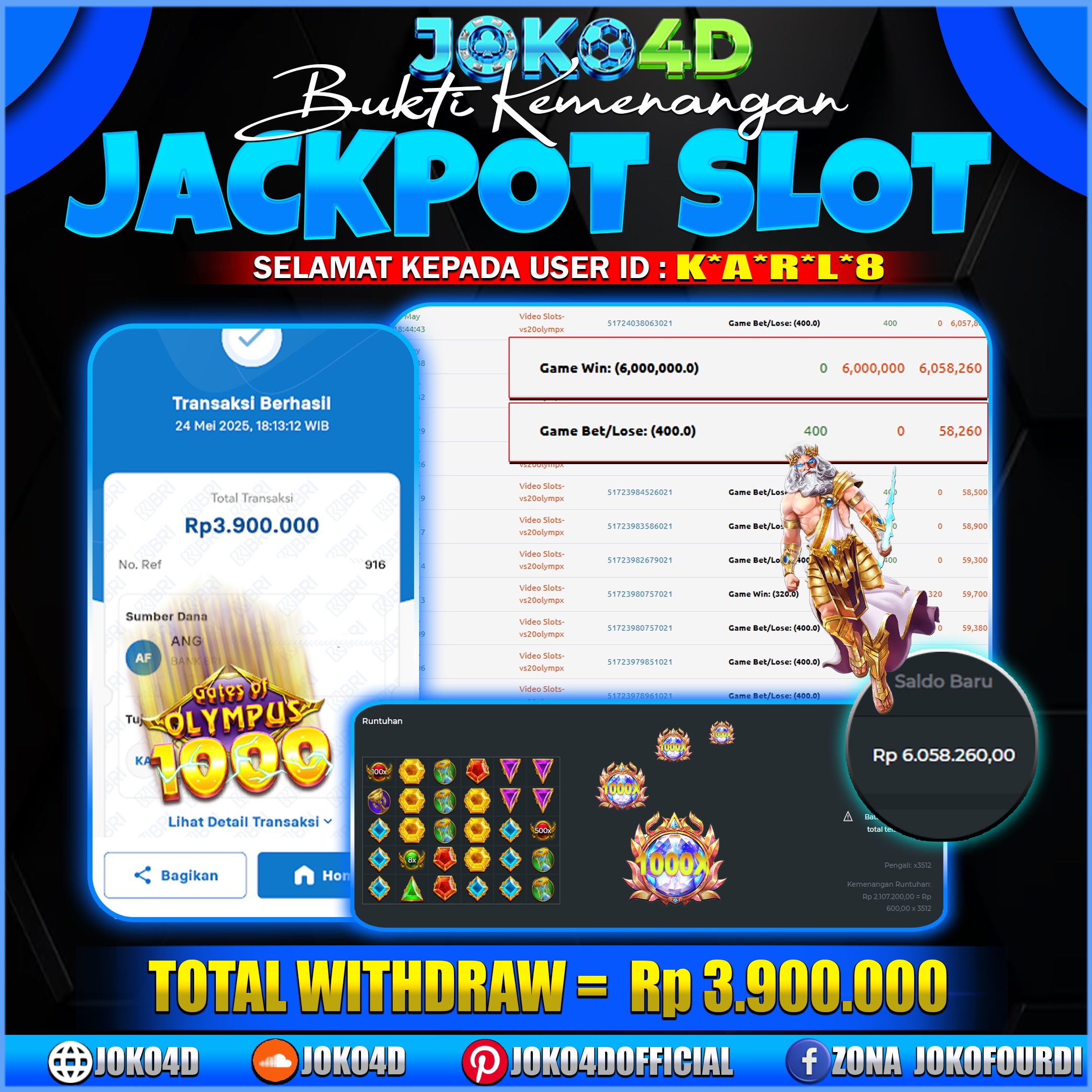 BUKTI KEMENANGAN SLOT GACOR JOKO4D OLYMPUS MODAL 50RB JACKPOT 5 JT WITHDRAW 3,9 JT CUAN BRAY 24 MEI 2025
