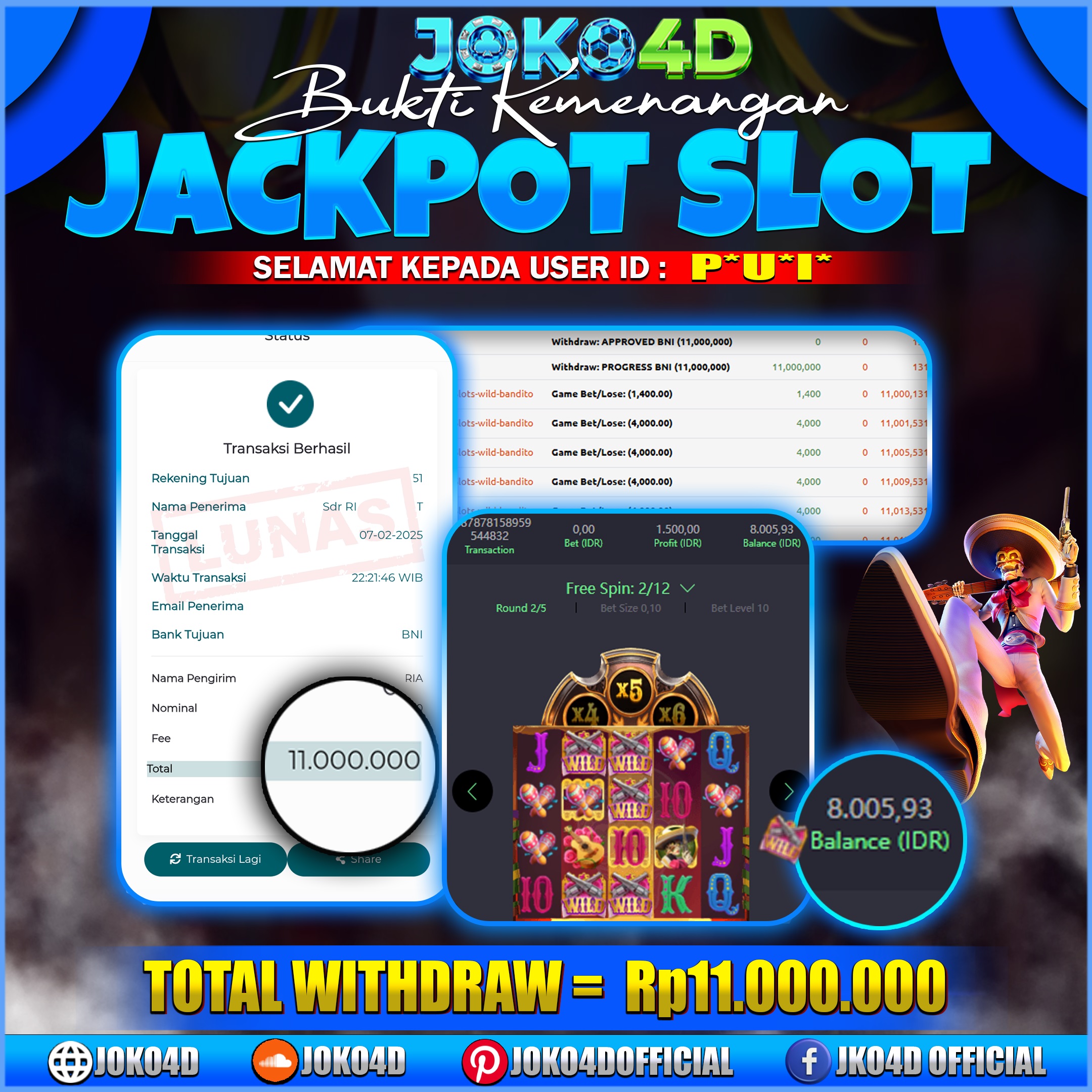 BUKTI KEMENANGAN SLOT GACOR JOKO4D WILD BANDITO TERGACOR WILD BERJATUHAN 07 FEBRUARI 2025