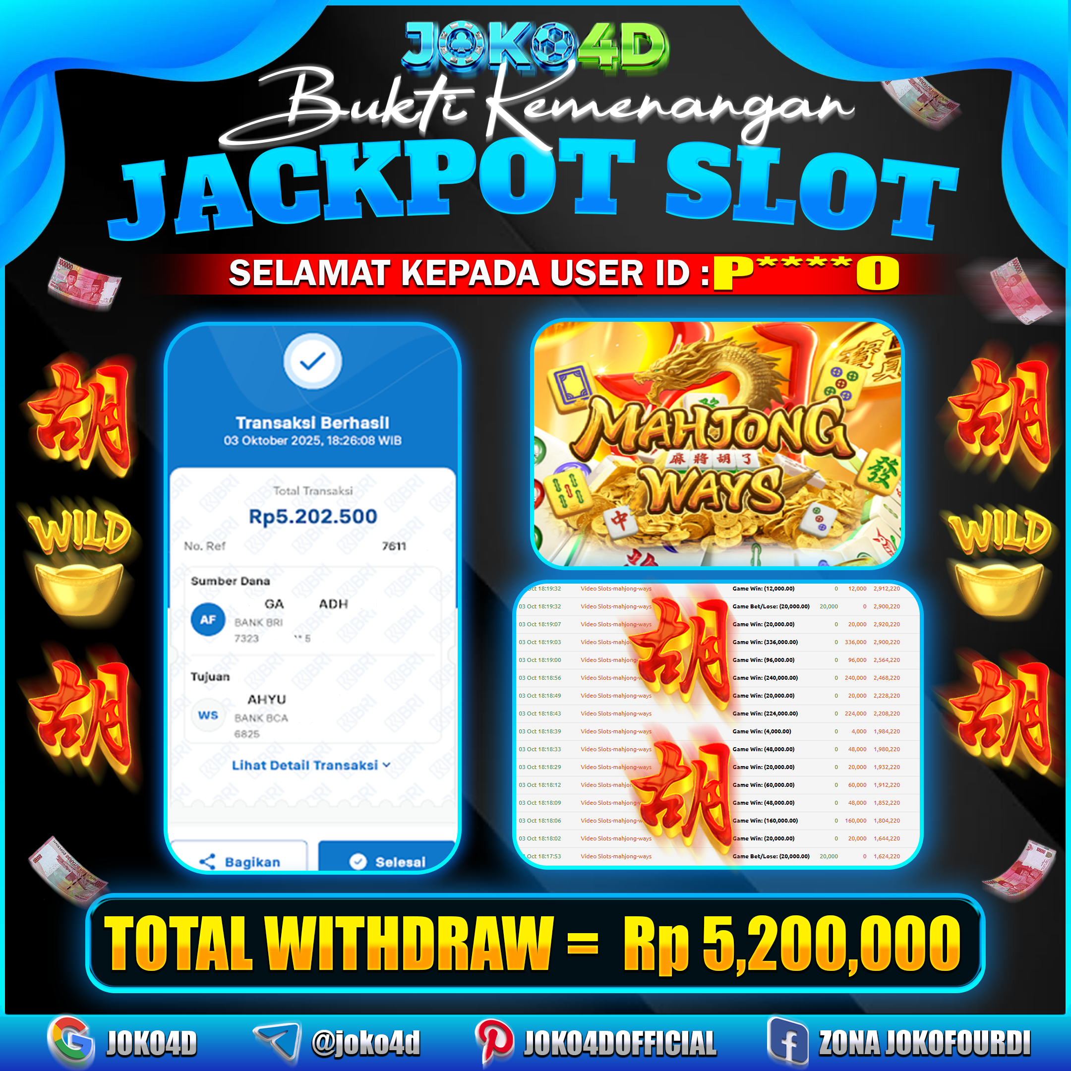 BUKTI KEMENANGAN SLOT GACOR JOKO4D MAHJONG WAYS  BANJIR SCATTER BRAYY  03 OKTOBER 2025