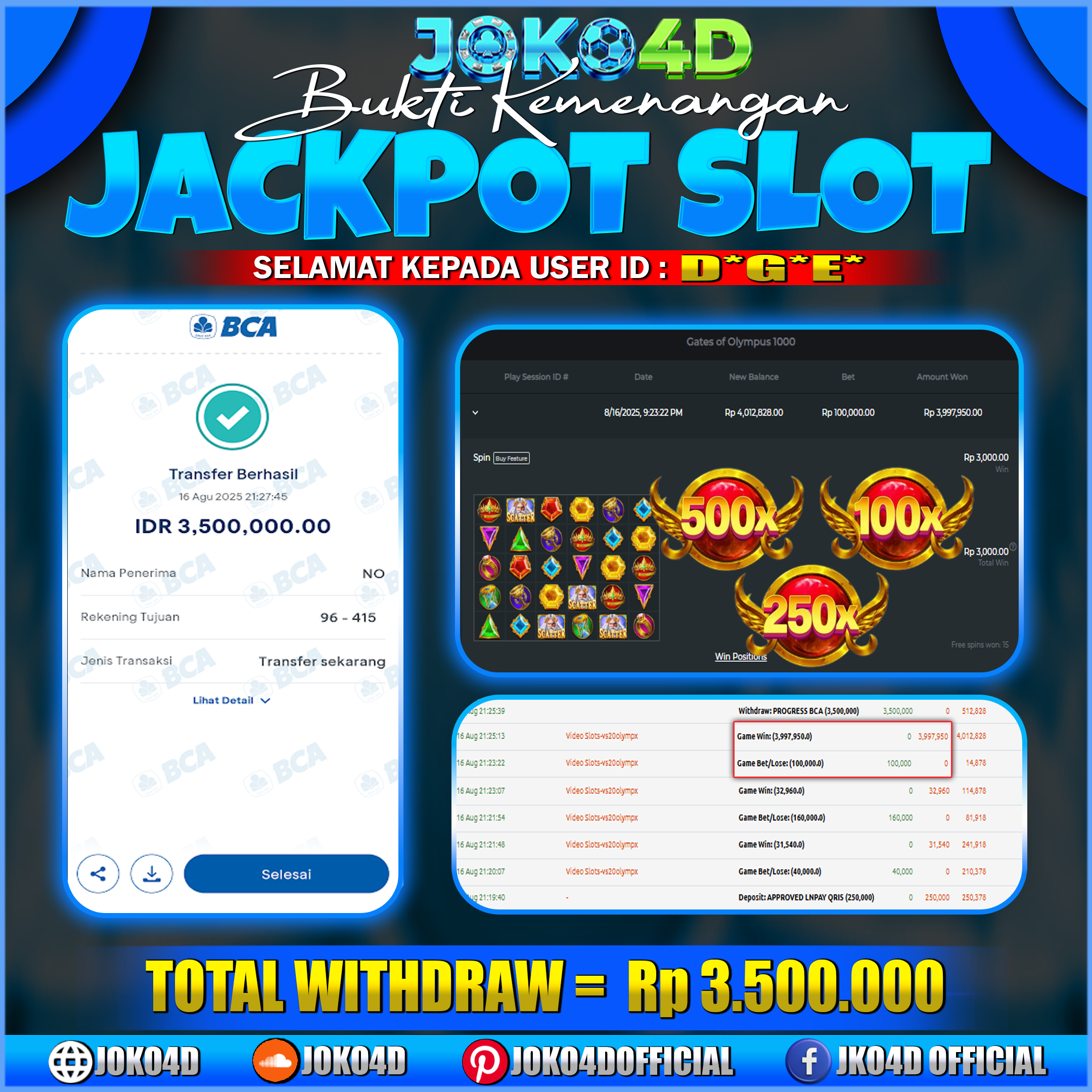 BUKTI KEMENANGAN SLOT GACOR JOKO4D OLYMPUS KAKEK PERKALIAN 1000 BERJATUAHAN 16 AGUSTUS 2025
