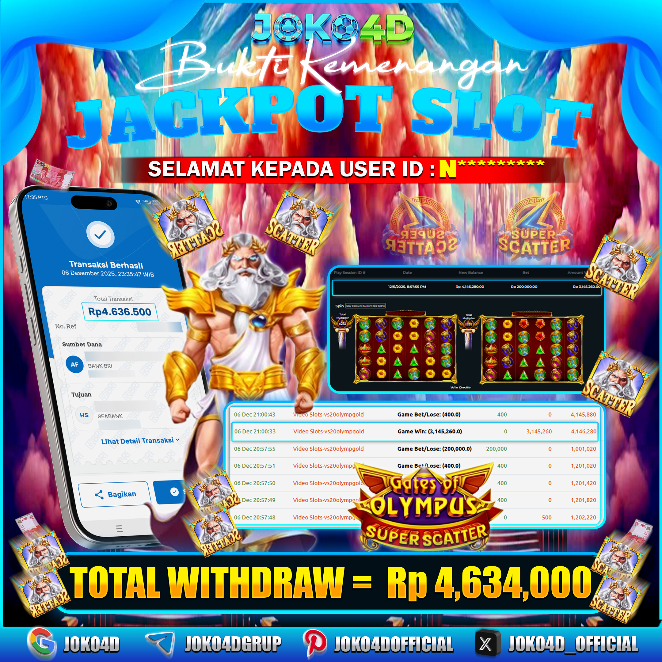 BUKTI KEMENANGAN SLOT GACOR JOKO4D GATES OF OLYMPUS SUPER SCATTER TIDAK ADA AMPUN CUAN TERUS  06 DECEMBER 2025