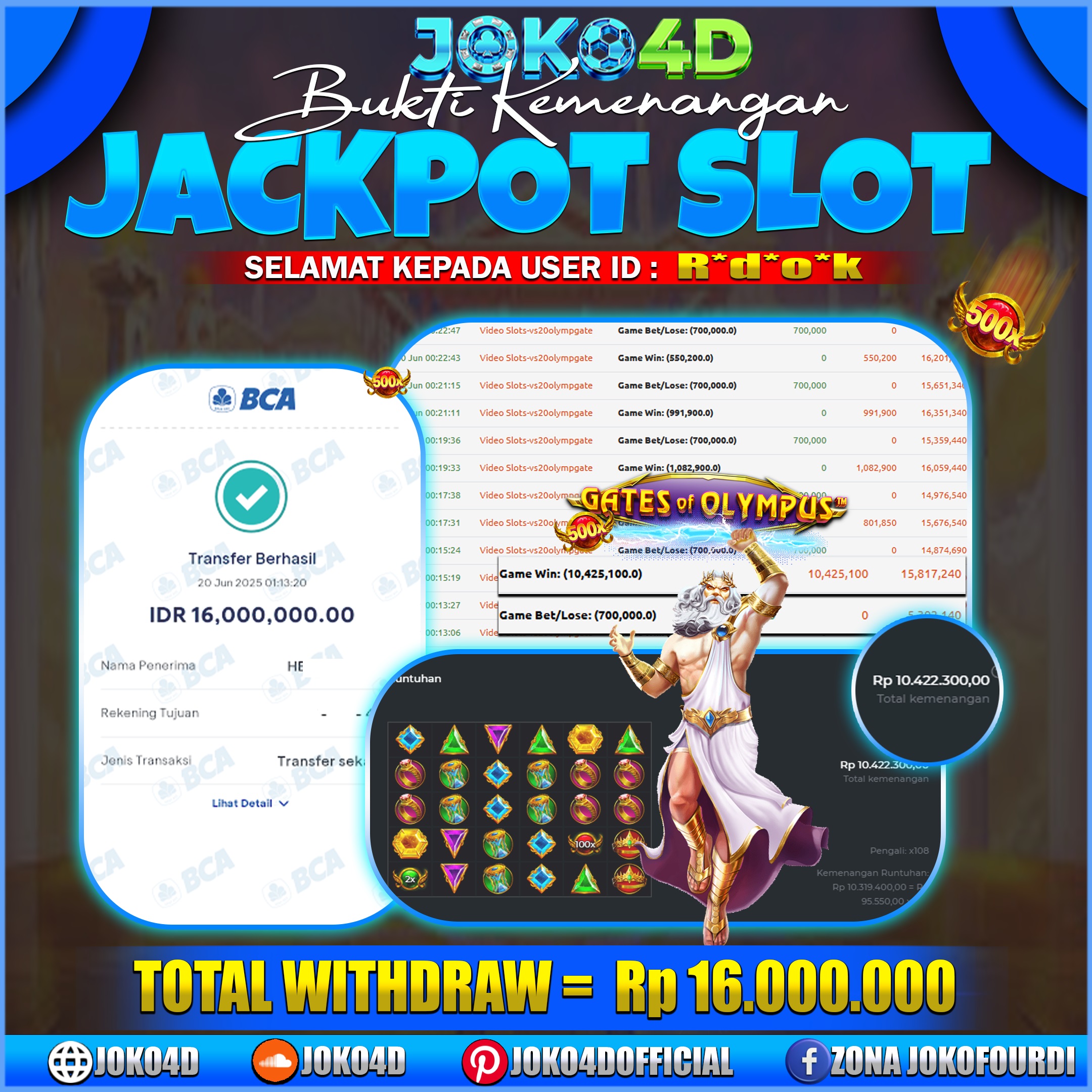 BUKTI KEMENANGAN SLOT GACOR JOKO4D OLYMPUS TANPA POLA MELEDAK MELEDAK 20 JUNI 2025
