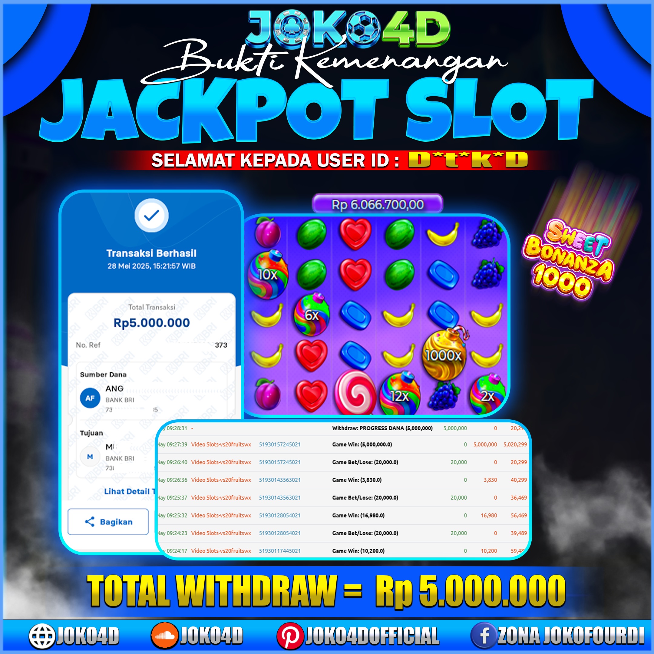 BUKTI JACKPOT SLOT GACOR JOKO4D SWEET BONANZA HITUNGAN MENIT LANGSUNG MELEDAK 28 MEI 2025