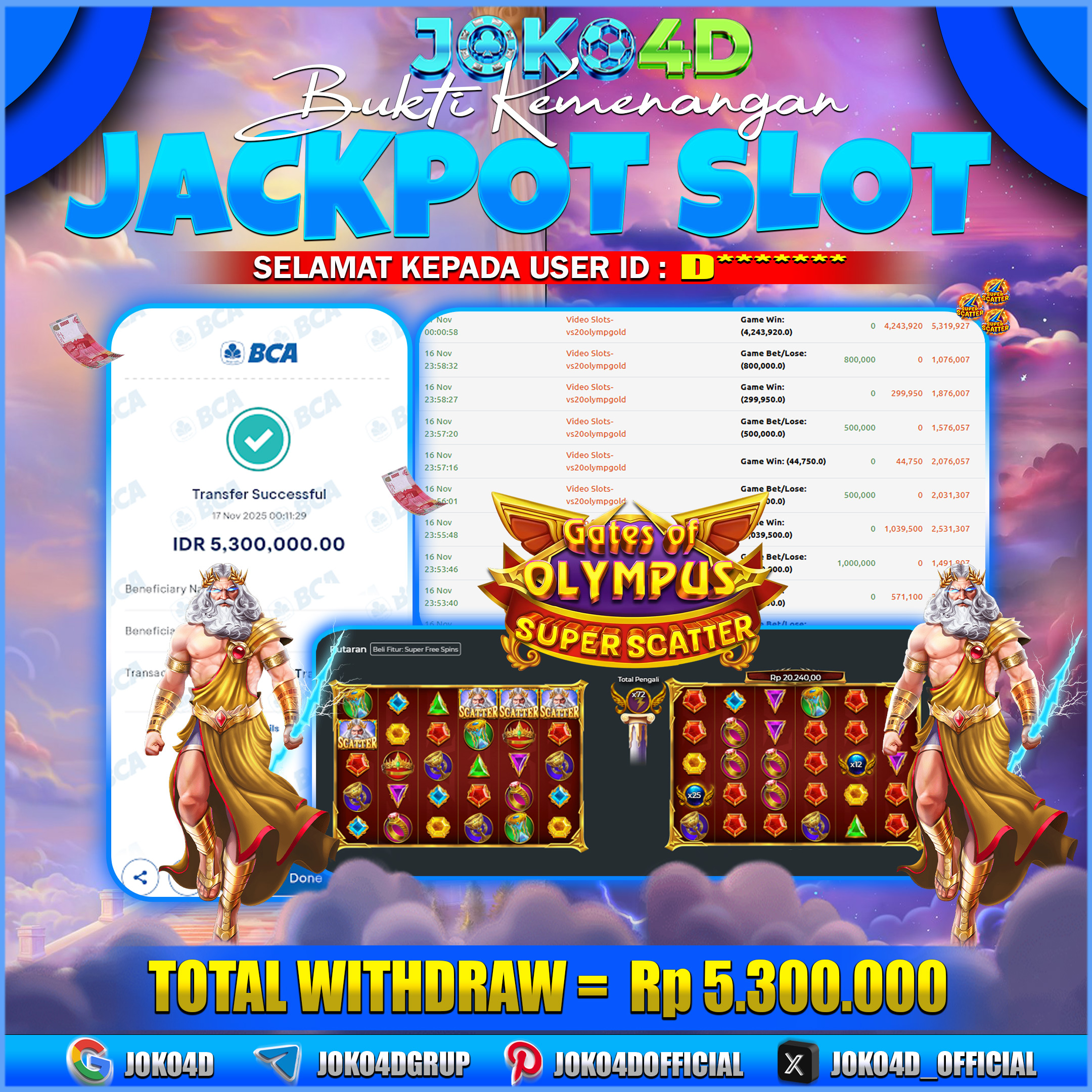 BUKTI KEMENANGAN SLOT GACOR JOKO4D GATES OF OLYMPUS SUPER SCATTER TIDAK ADA AMPUN CUAN TERUS  17 NOVEMBER 2025