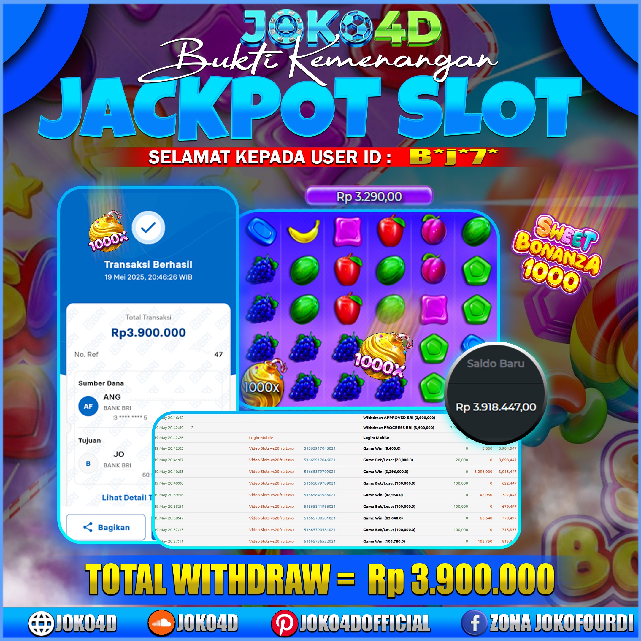 BUKTI KEMENANGAN SLOT GACOR JOKO4D SWEET BONANZA 1000 DI TURUN PERKALIAN BANYAK NI  BRAY 19 MEI 2025