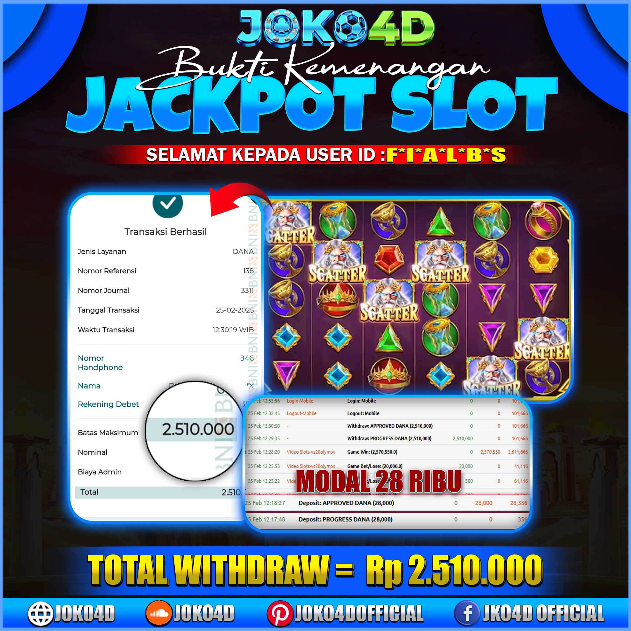 BUKTI KEMENANGAN SLOT GACOR JOKO4D OLYMPUS TANPA HENTI MELEDAK 25 FEBRUARI 2025